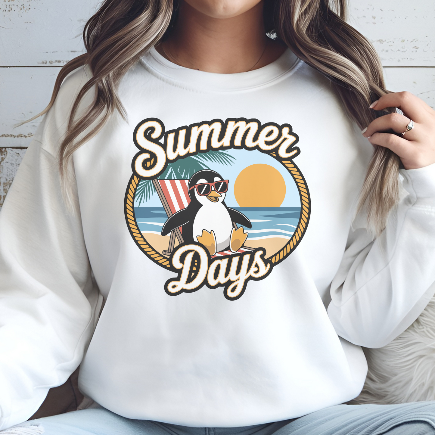 Penguin Summer Days PNG digital design on a woman's white sweatshirt