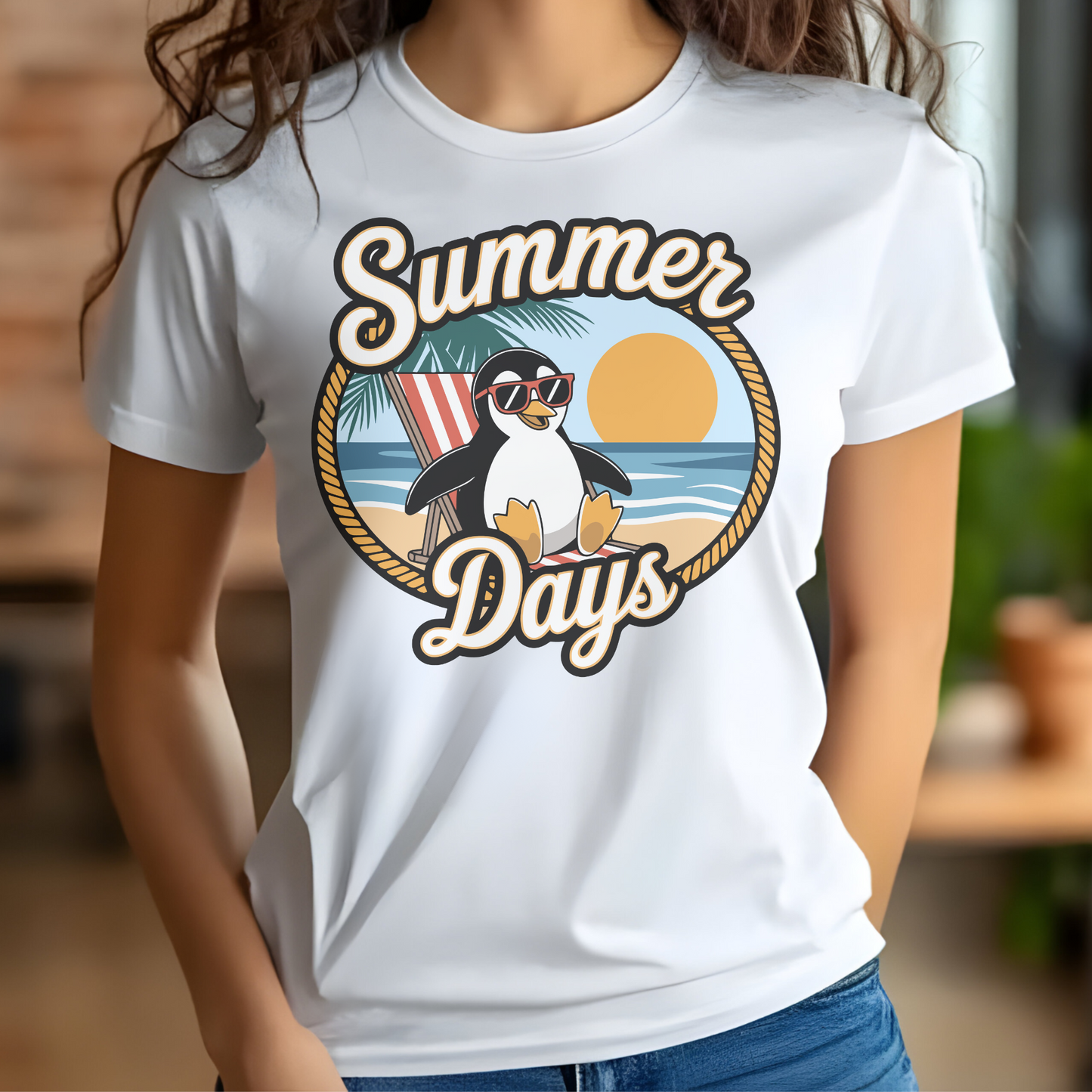 Penguin Summer Days PNG digital design on a woman's white t-shirt