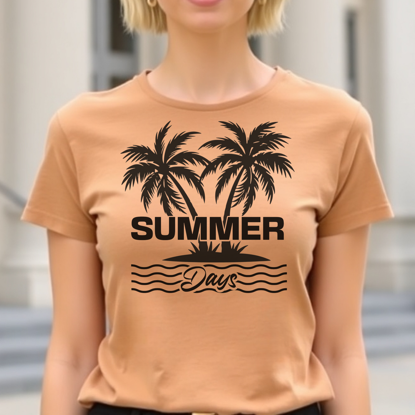 Summer Days PNG digital design on a woman's peach t-shirt