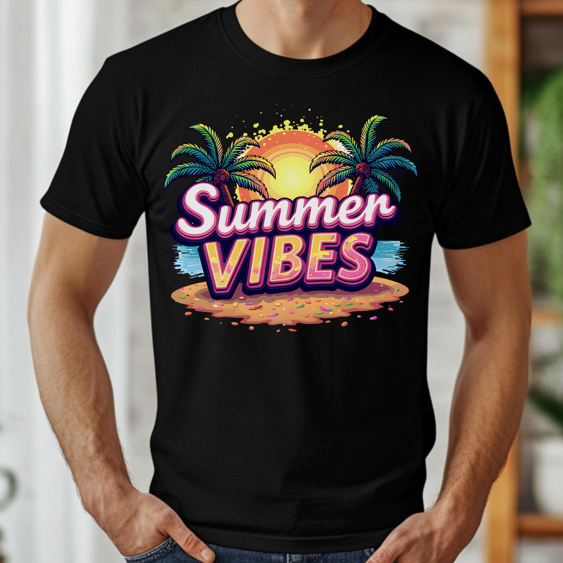 Summer Vibes PNG digital design on a mans black t-shirt