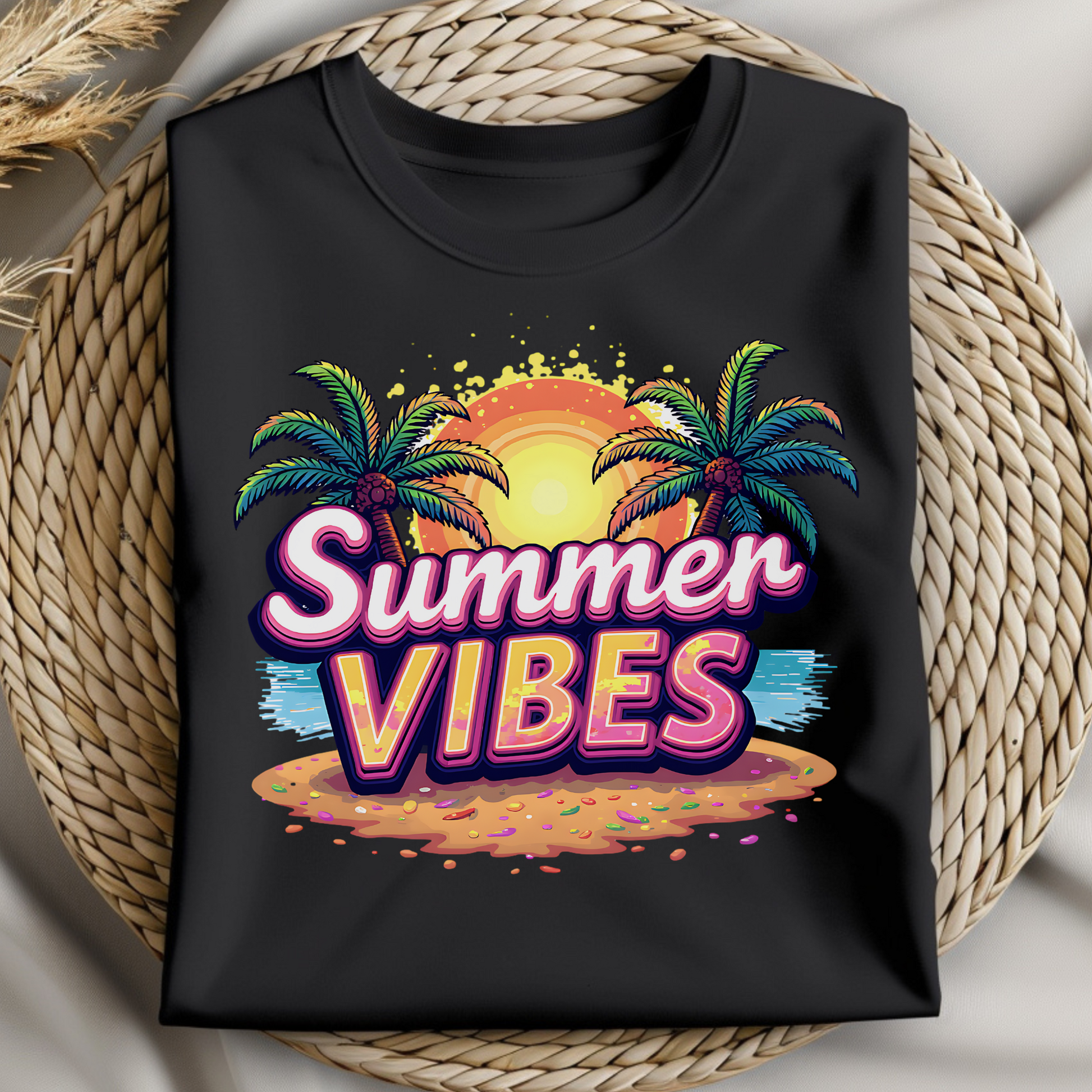 Summer Vibes PNG digital design on a folded black t-shirt
