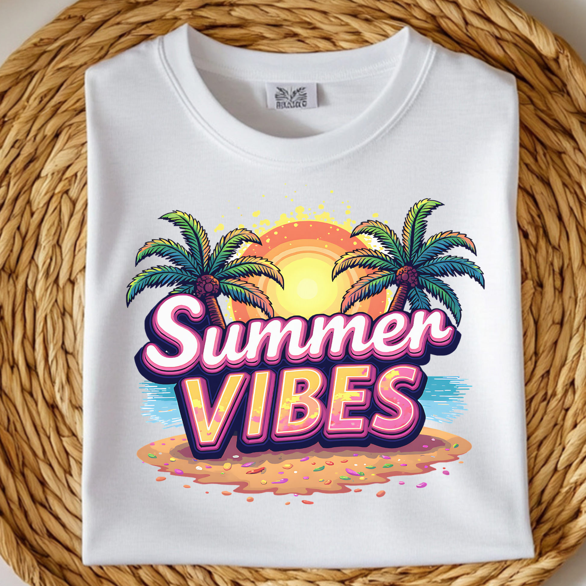 Summer Vibes PNG digital design on a folded white t-shirt