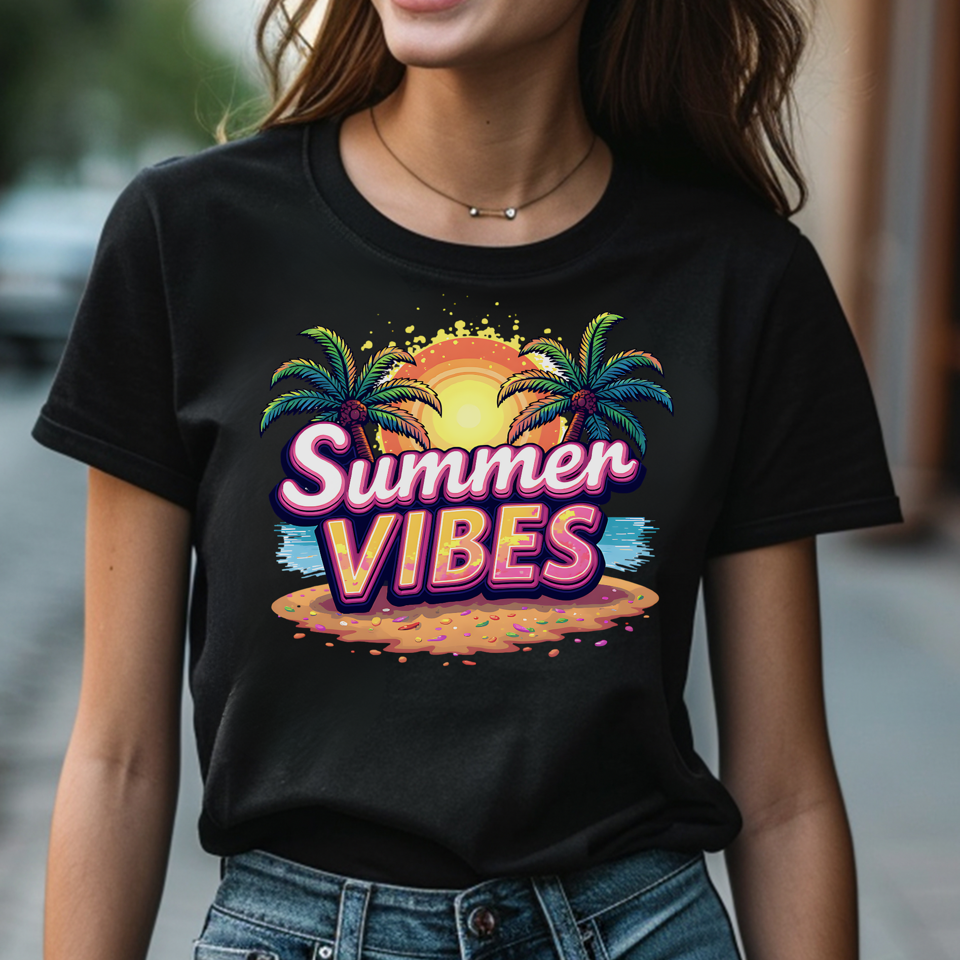 Summer Vibes PNG digital design on a woman's black t-shirt