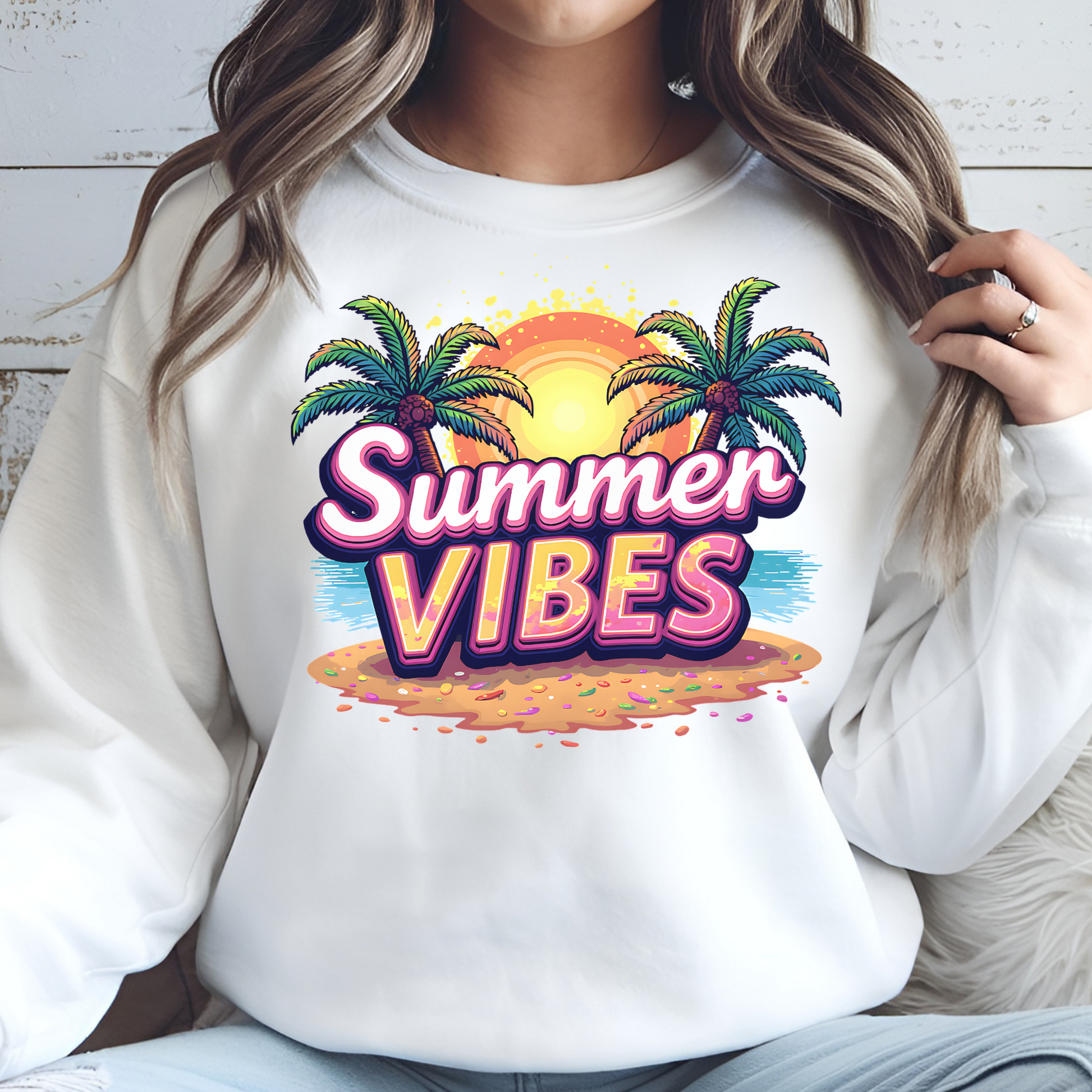 Summer Vibes PNG digital design on a woman's white sweatshirt