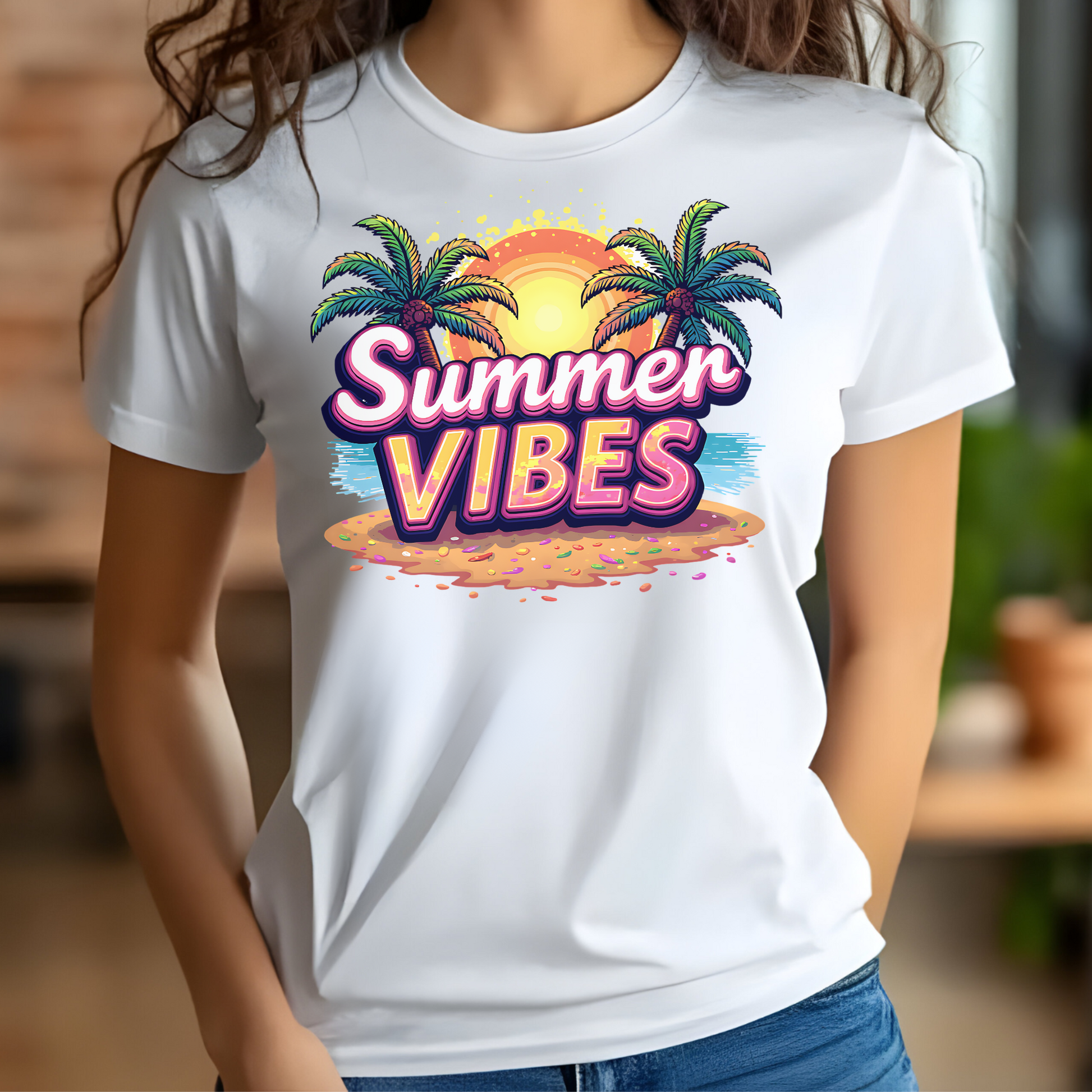 Summer Vibes PNG digital design on a woman's white t-shirt