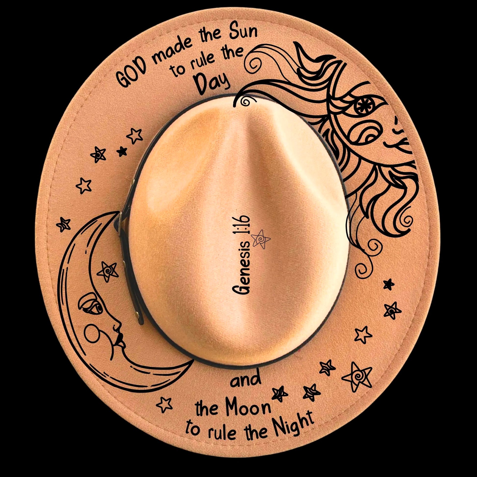 Sun And Moon burned hat burning design on a narrow brim hat