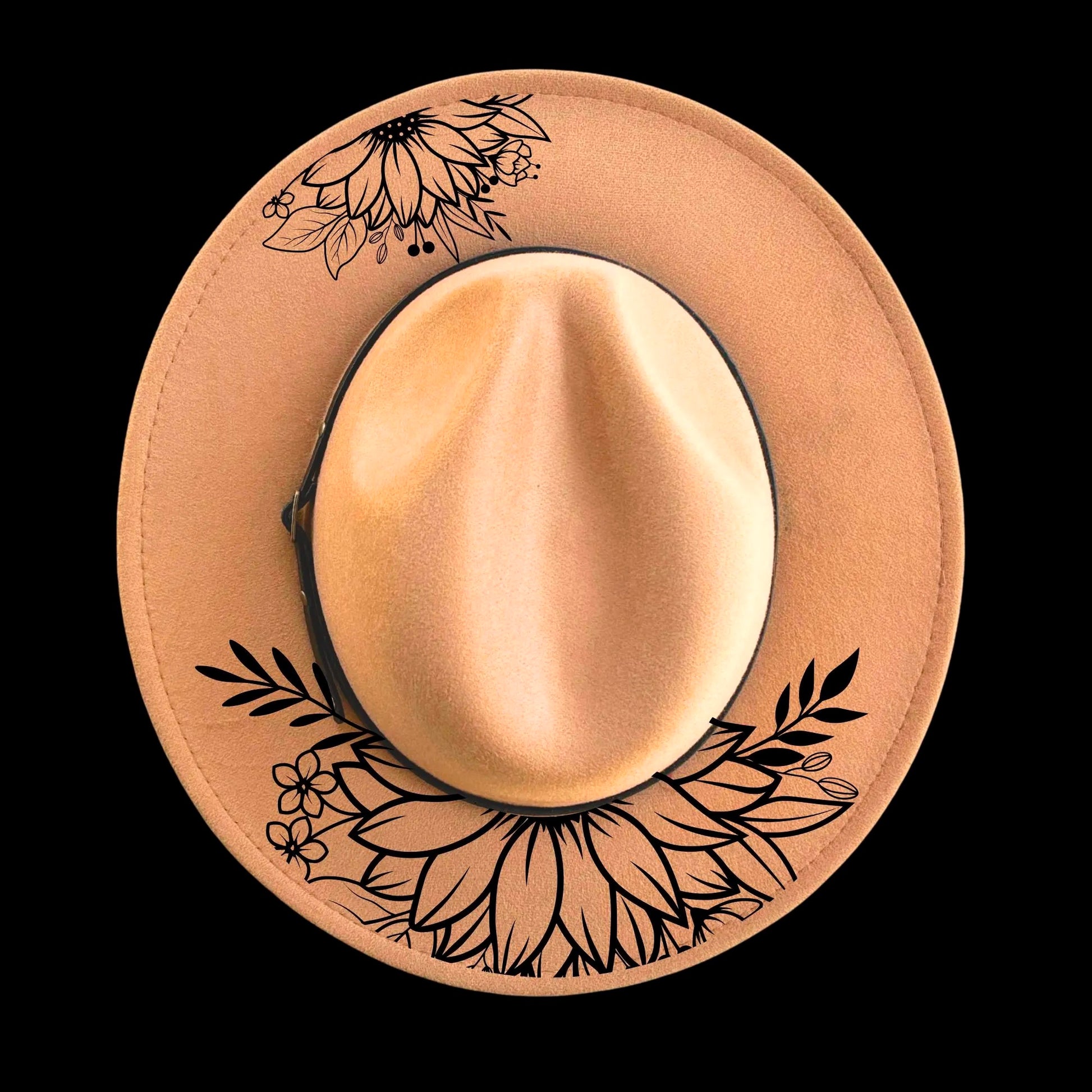 Sunflower X2 burned hat burning design on a narrow brim hat