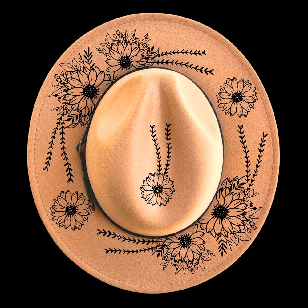 Sunflower Daze burned hat burning design on a narrow brim hat