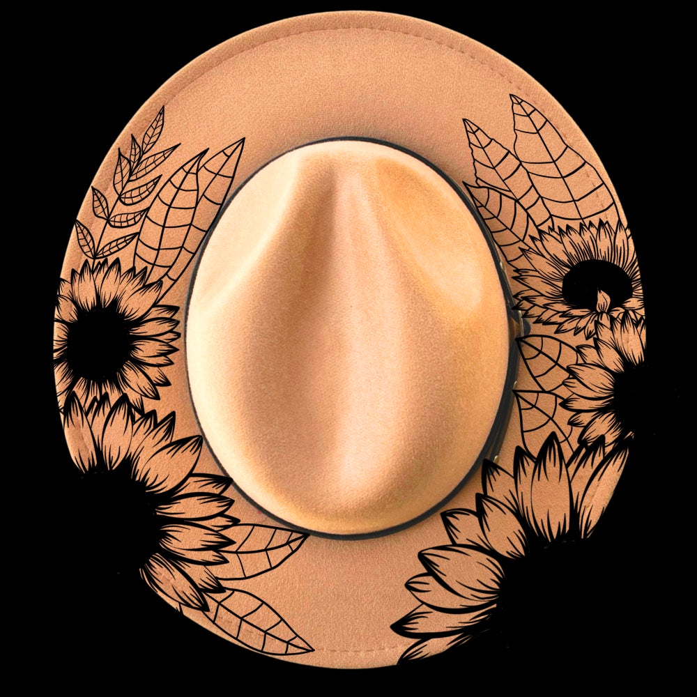 Sunflower Leaves burned hat burning design on a narrow brim hat