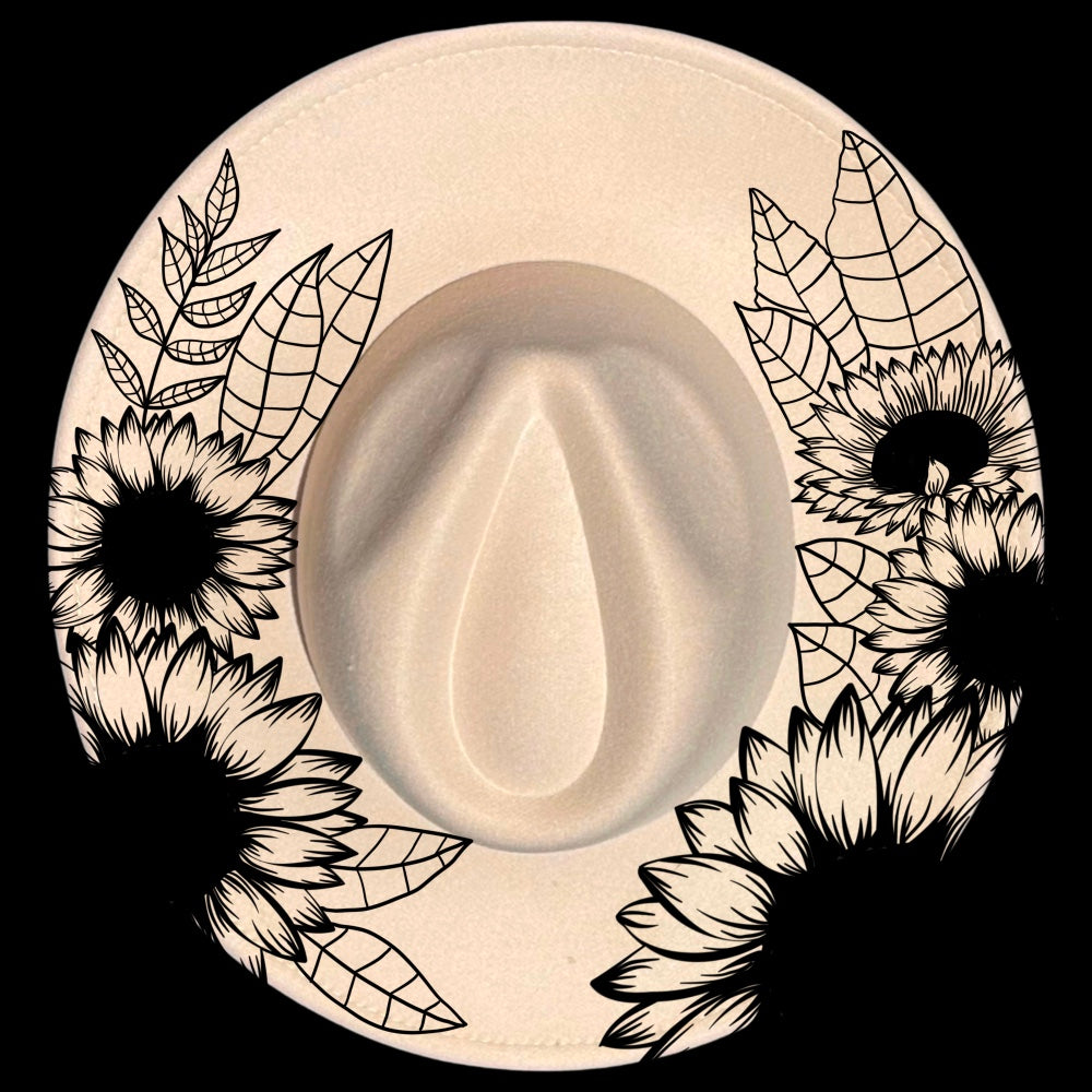 Sunflower Leaves burned hat burning design on a wide brim hat