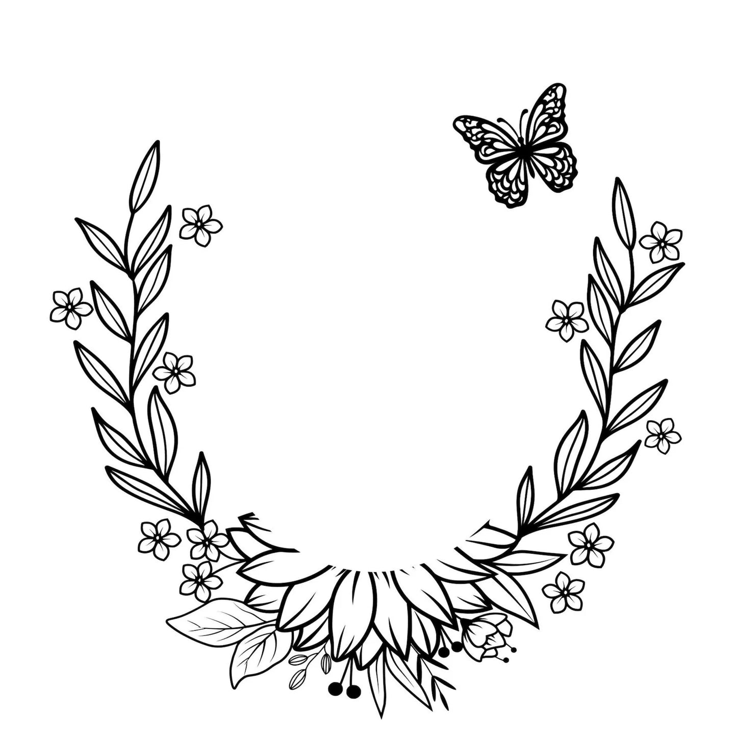 Black floral wreath with butterflies design on a white background