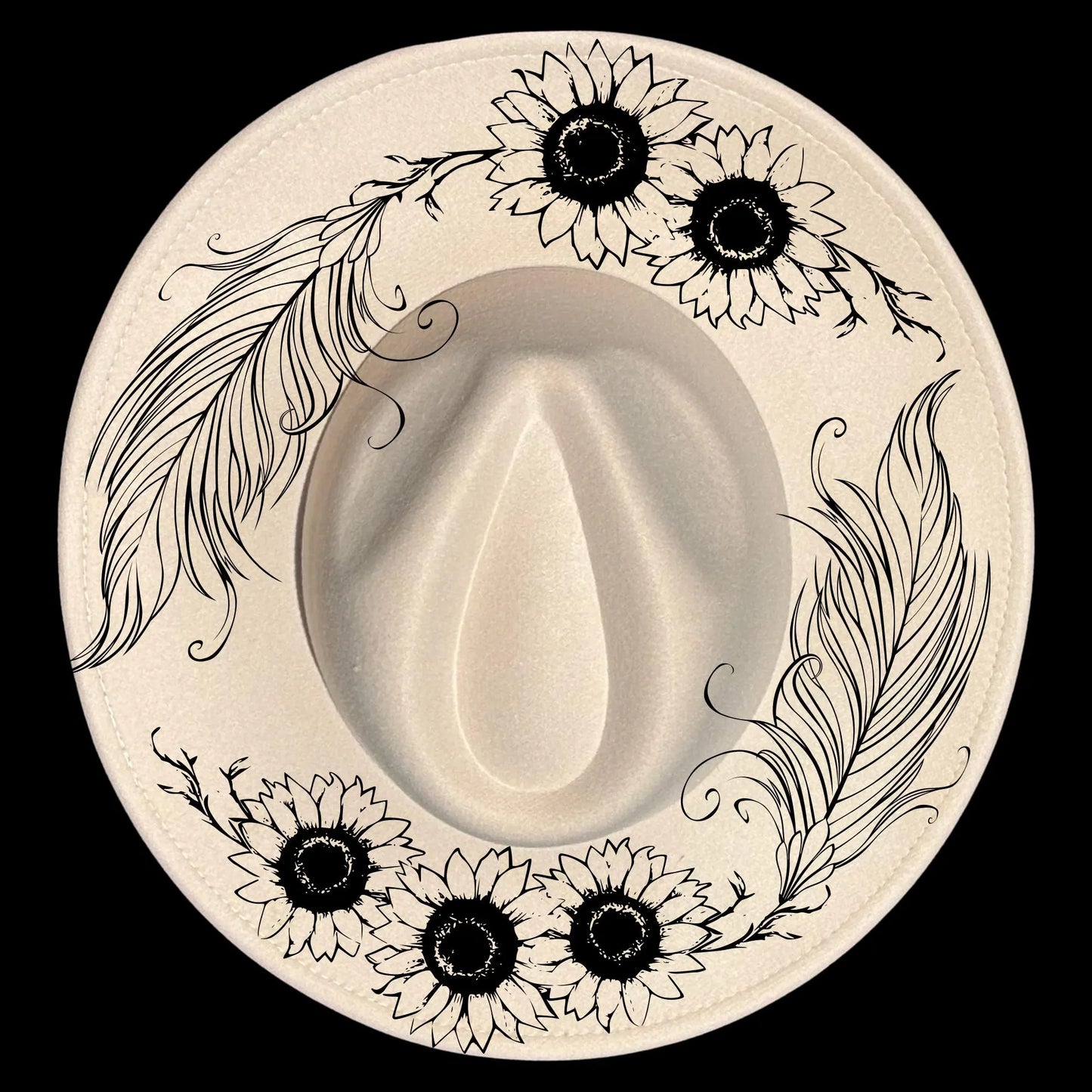Sunflowers and feathers hat burning design on a wide brim hat
