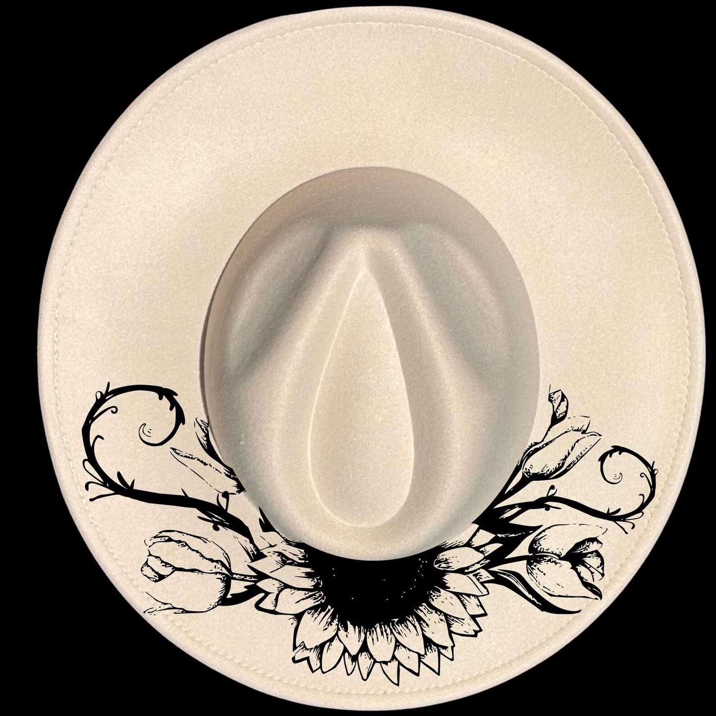 Sunflower And Tulips burned hat burning design on a wide brim hat