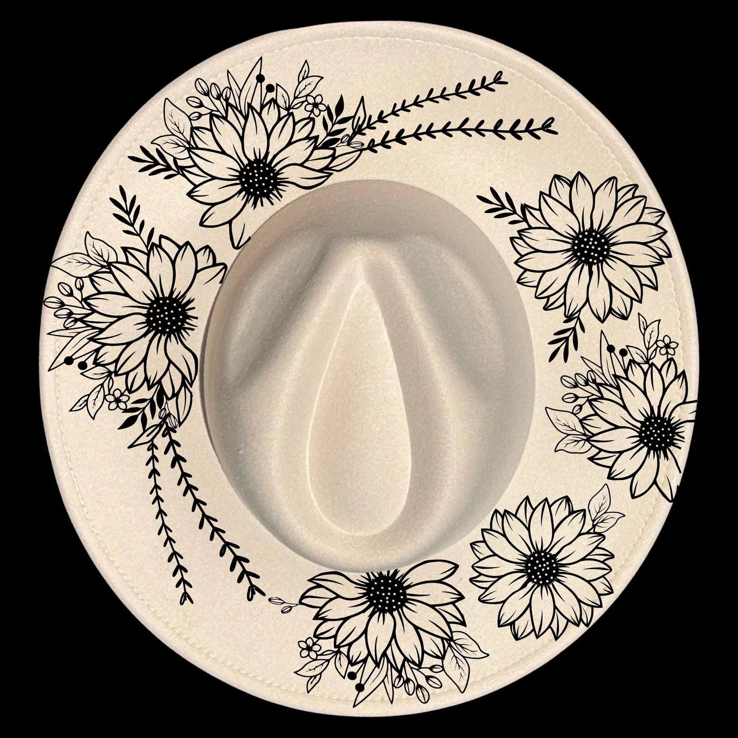 Sunflower wreath hat design burned on a wide brim hat, showing a rustic floral ring artwork for hat pyrography by Cool Moon Designs.