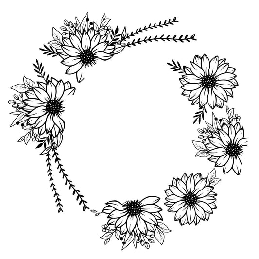 Hand-drawn sunflower wreath design featuring a rustic floral ring design for hat burning by Cool Moon Designs.