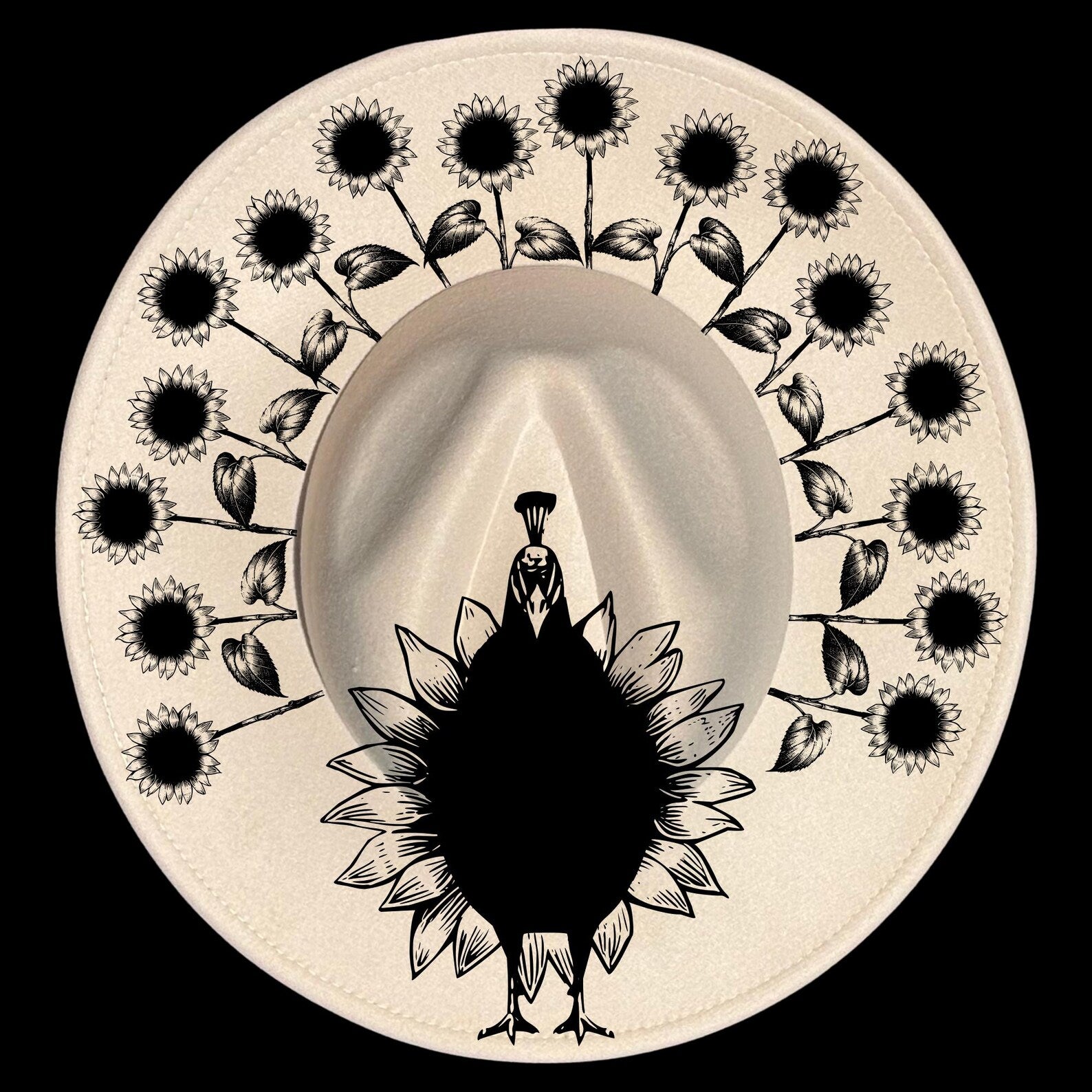 Sunflower Peacock burned hat burning design on a wide brim hat