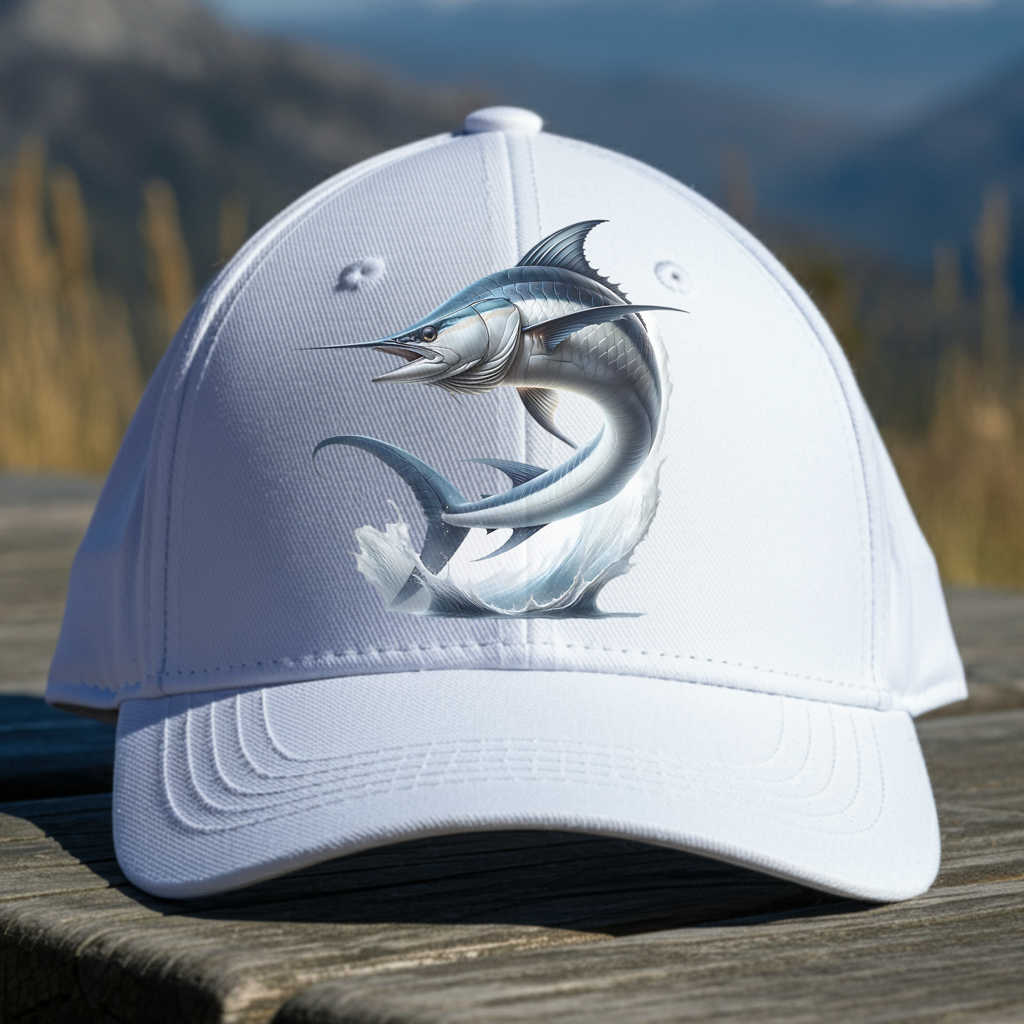 Swordfish Jumping From Ocean Water PNG digital design on a baseball cap