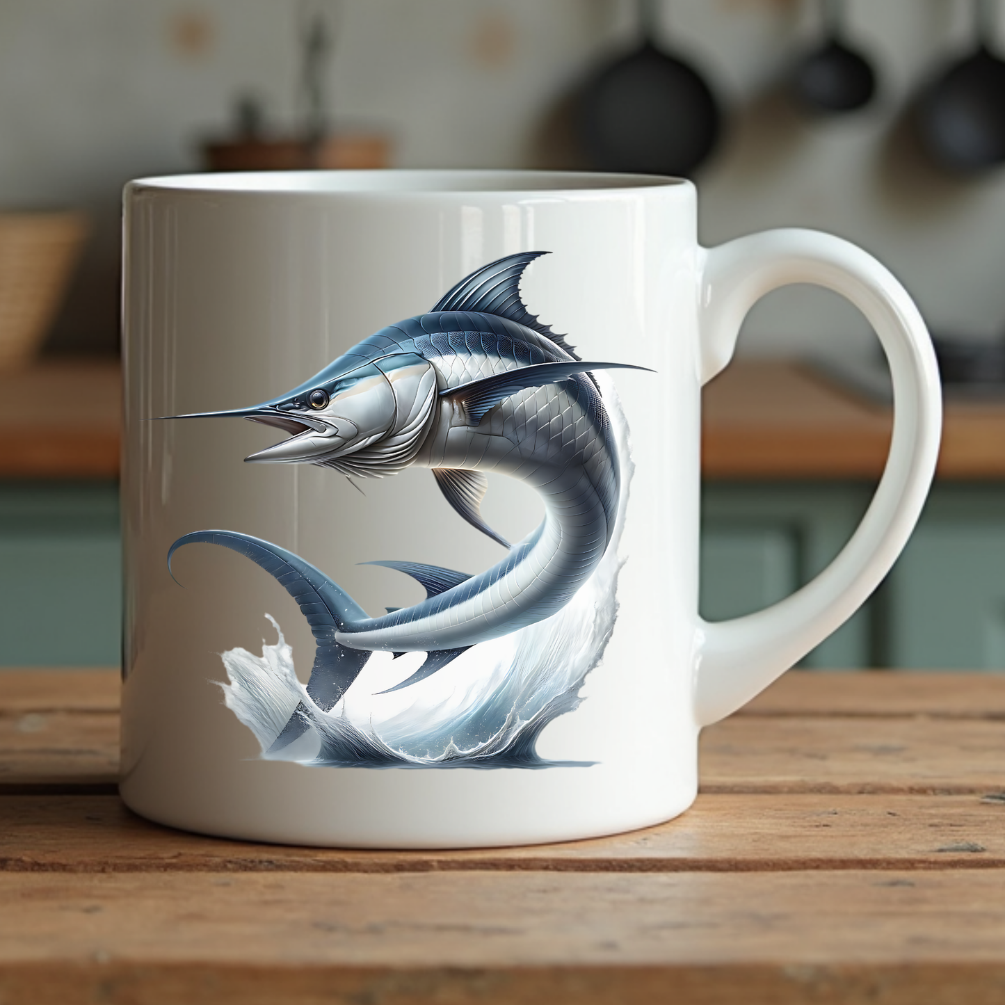 Swordfish Jumping From Ocean Water PNG digital design on a coffee mug