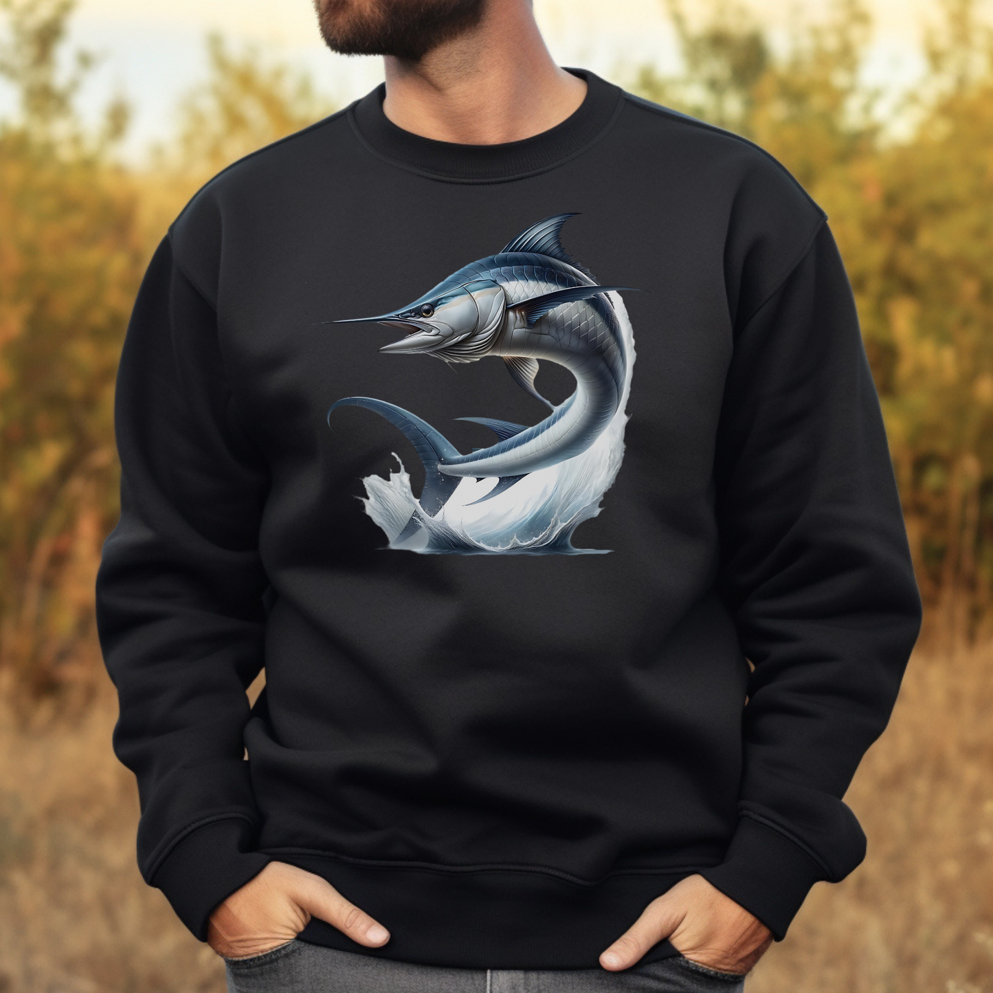 Swordfish Jumping From Ocean Water PNG digital design on a man's black sweatshirt