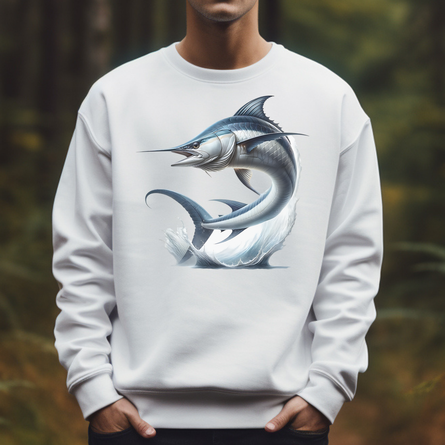 Swordfish Jumping From Ocean Water PNG digital design on a man's white sweatshirt