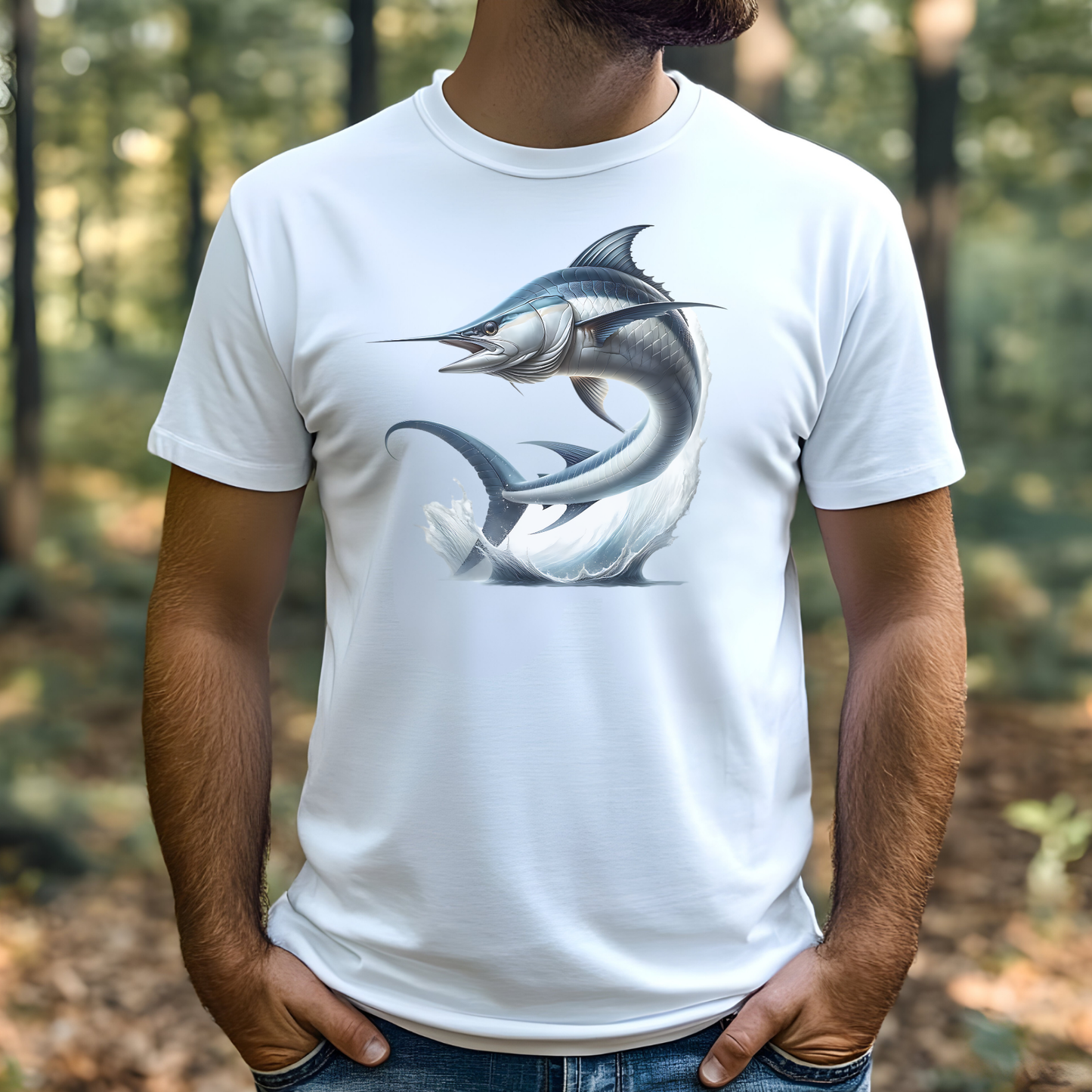 Swordfish Jumping From Ocean Water PNG digital design on a man's white t-shirt