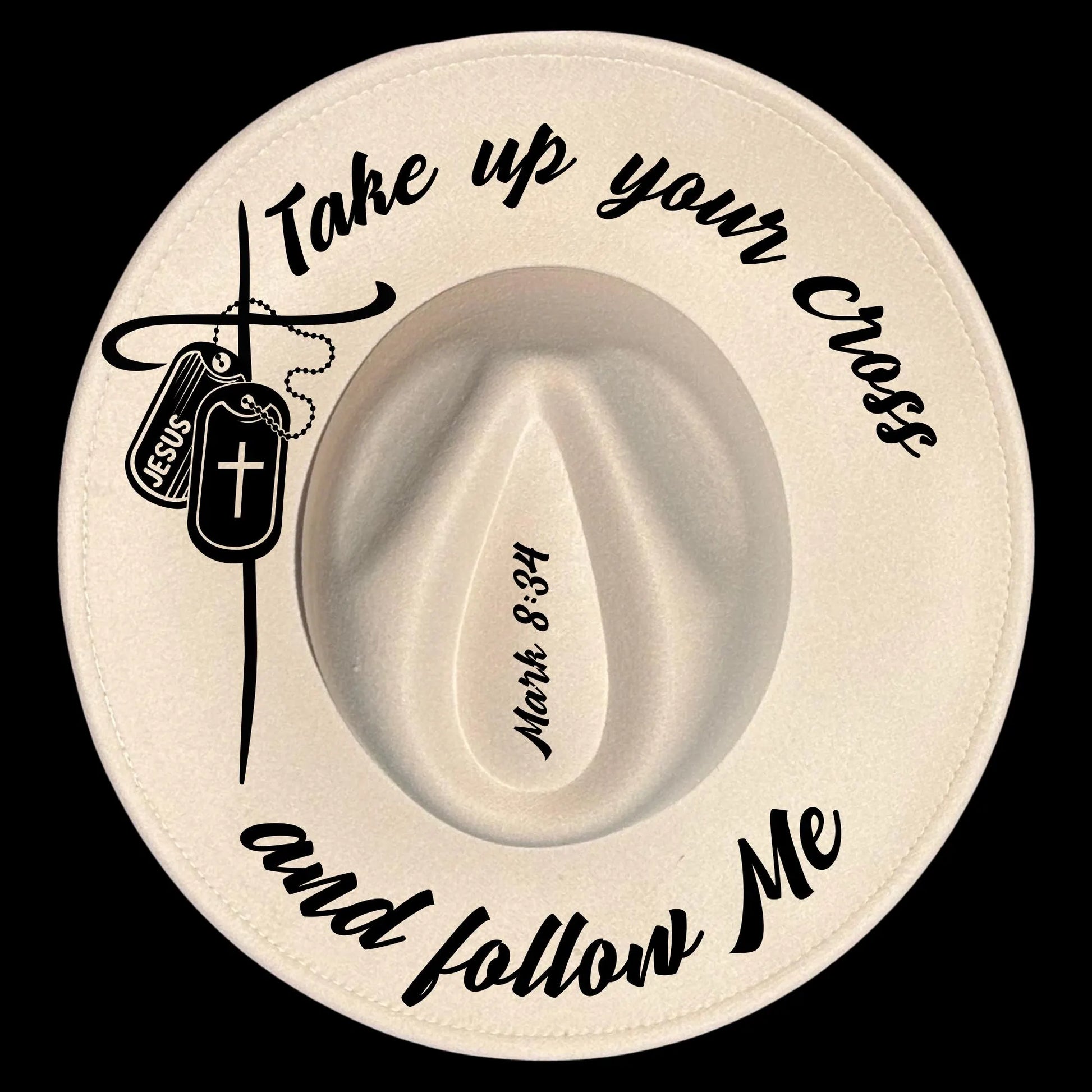 Wide brim hat with religious text "Take up your cross and follow me" and Christian dog tag images on a black background