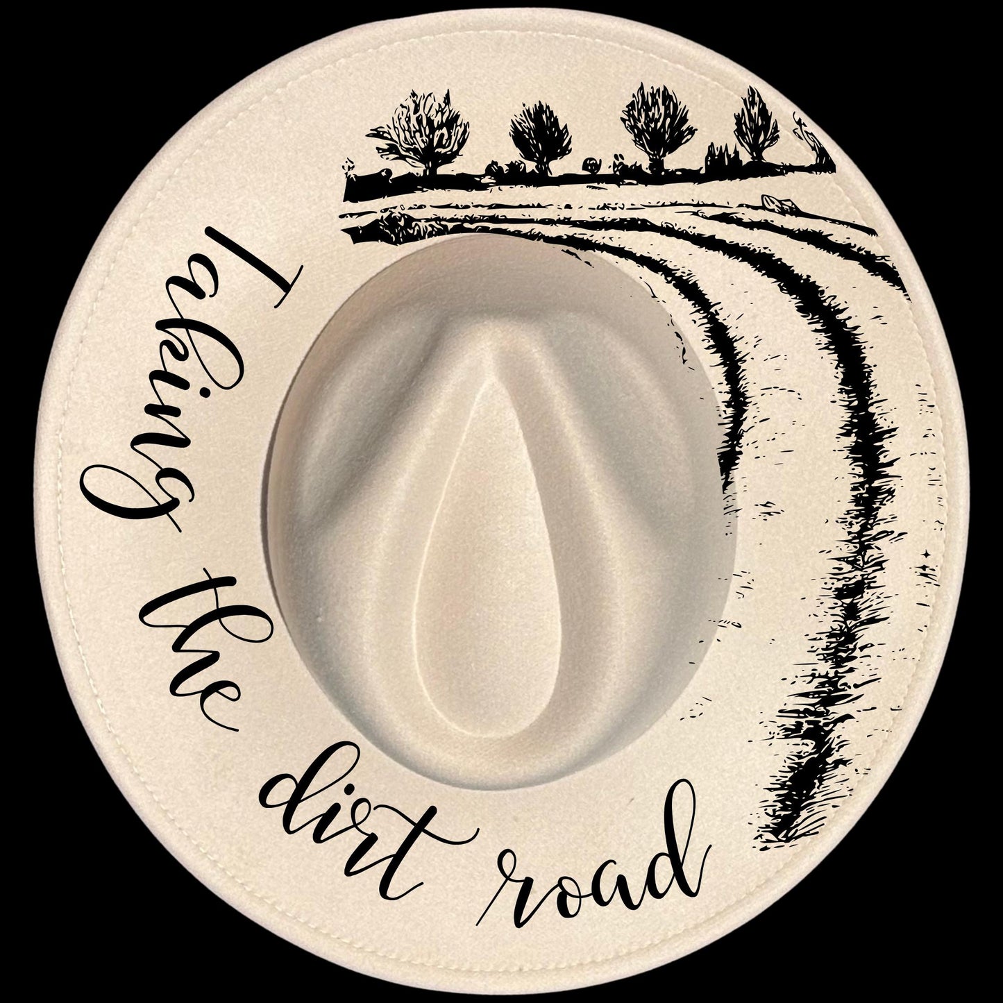 Taking The Dirt Road burned hat burning design on a wide brim hat