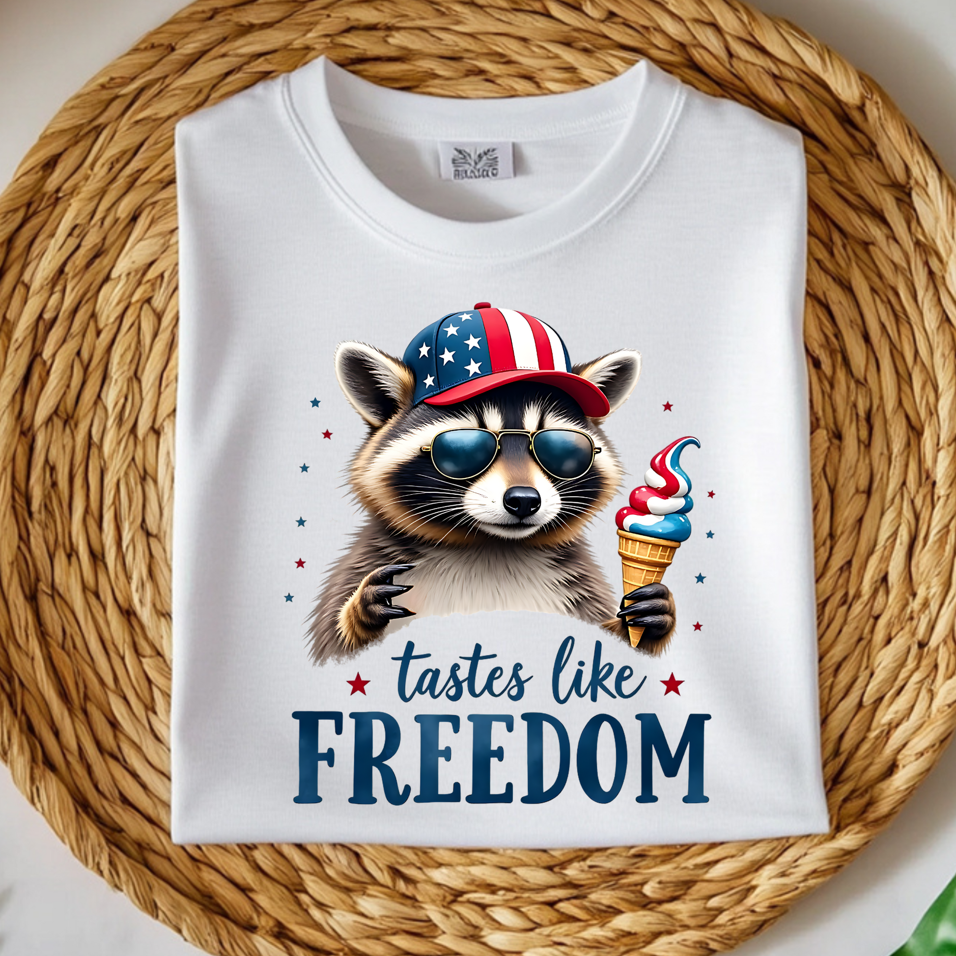 Patriotic Raccoon with Ice Cream and Hat, American Flag, Cool Sunglasses, T-Shirt Design, Independence Day Decor, Fun Animal Graphic on a folded t-shirt