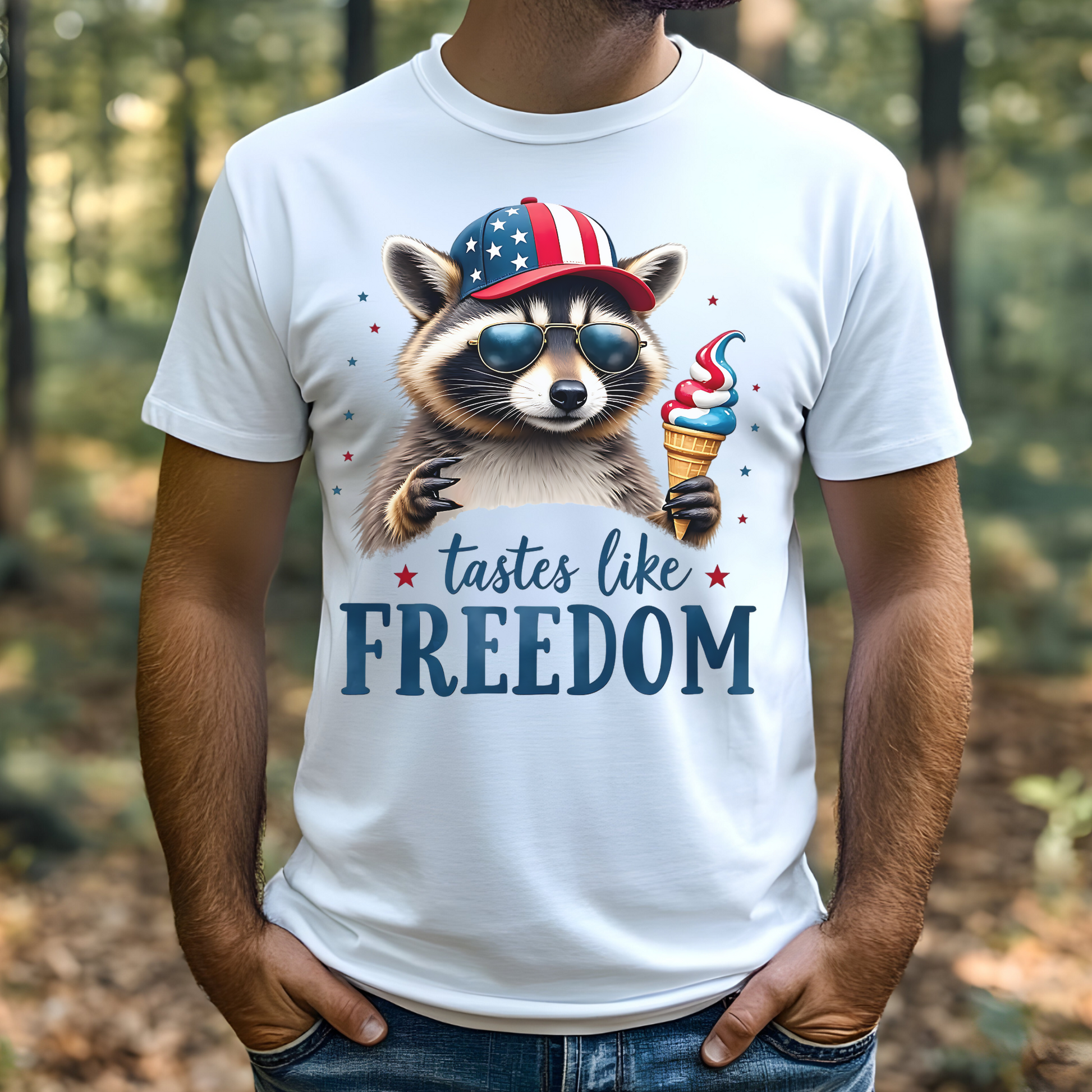 Patriotic Raccoon with Ice Cream and Hat, American Flag, Cool Sunglasses, T-Shirt Design, Independence Day Decor, Fun Animal Graphic on a man's t-shirt