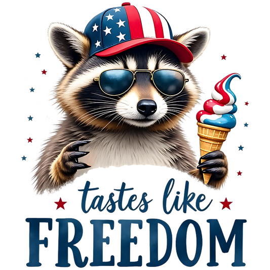 Patriotic Raccoon with Ice Cream and Hat, American Flag, Cool Sunglasses, T-Shirt Design, Independence Day Decor, Fun Animal Graphic