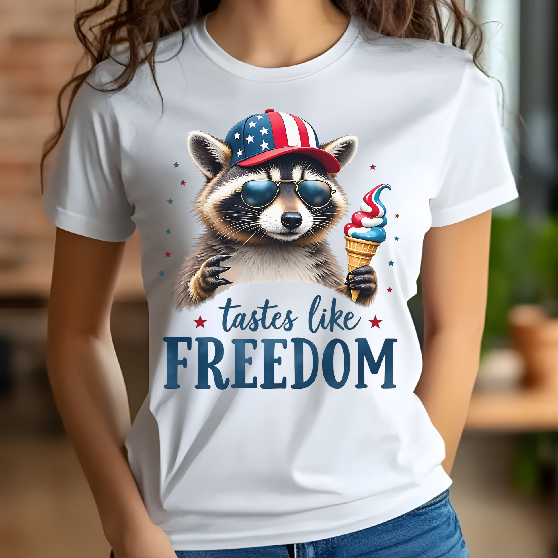 Patriotic Raccoon with Ice Cream and Hat, American Flag, Cool Sunglasses, T-Shirt Design, Independence Day Decor, Fun Animal Graphic on a woman's white t-shirt