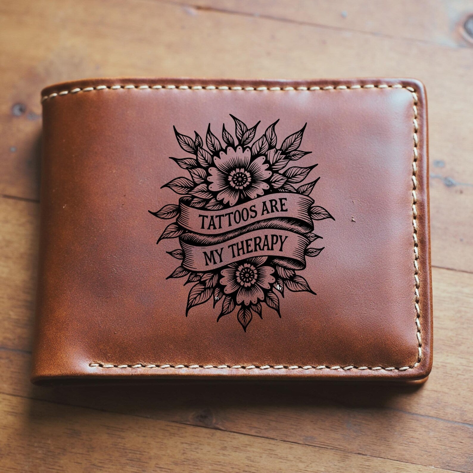 Tattoos Are My Therapy SVG Digital Design on a leather wallet
