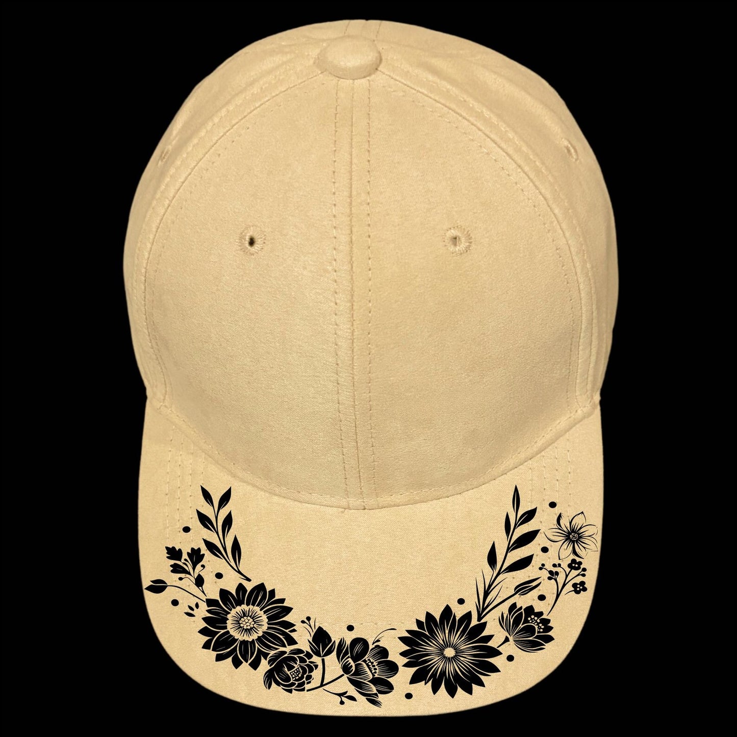 Beige cap with black floral design on a black background
