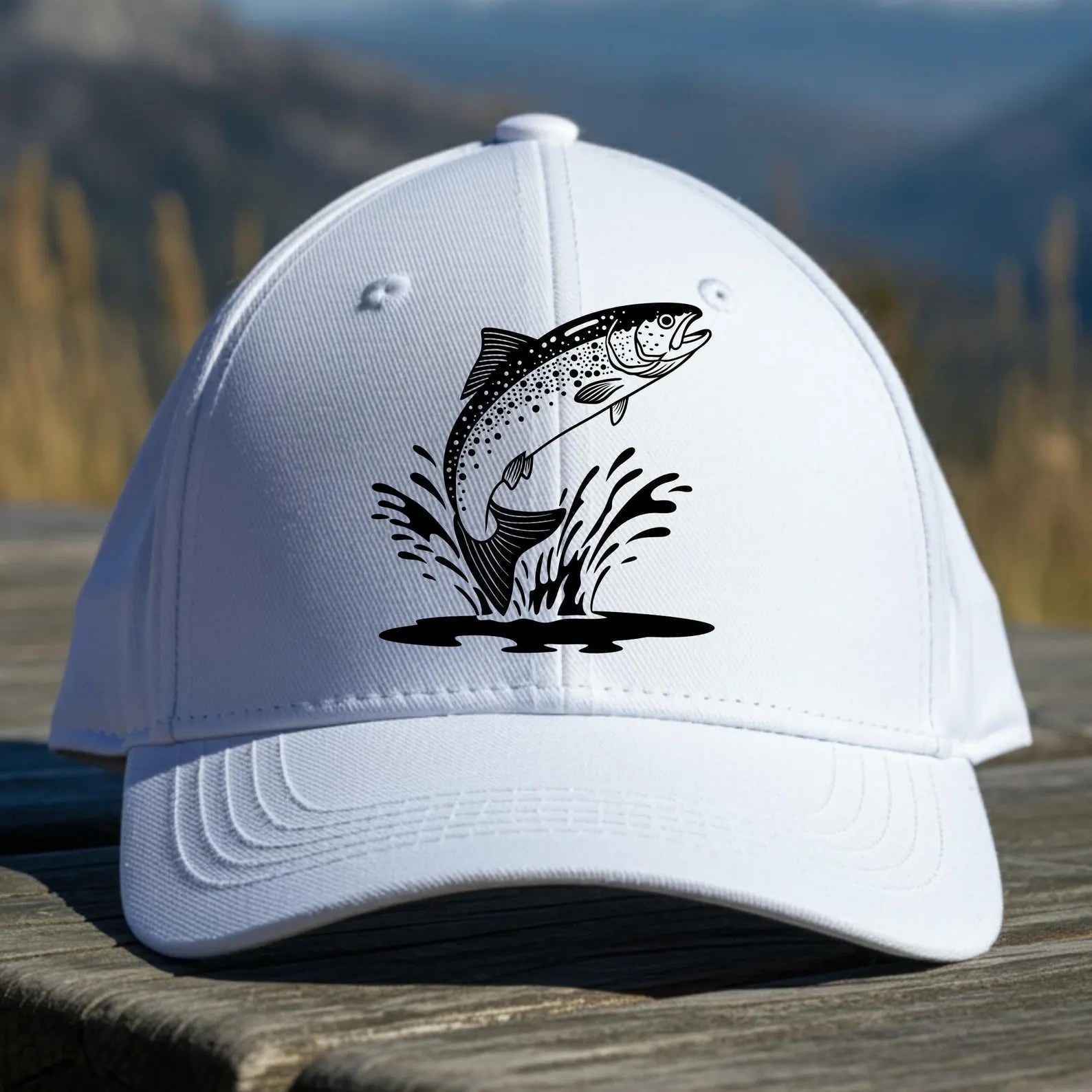 Trout Fish Leaping from the water SVG digital design on a baseball cap