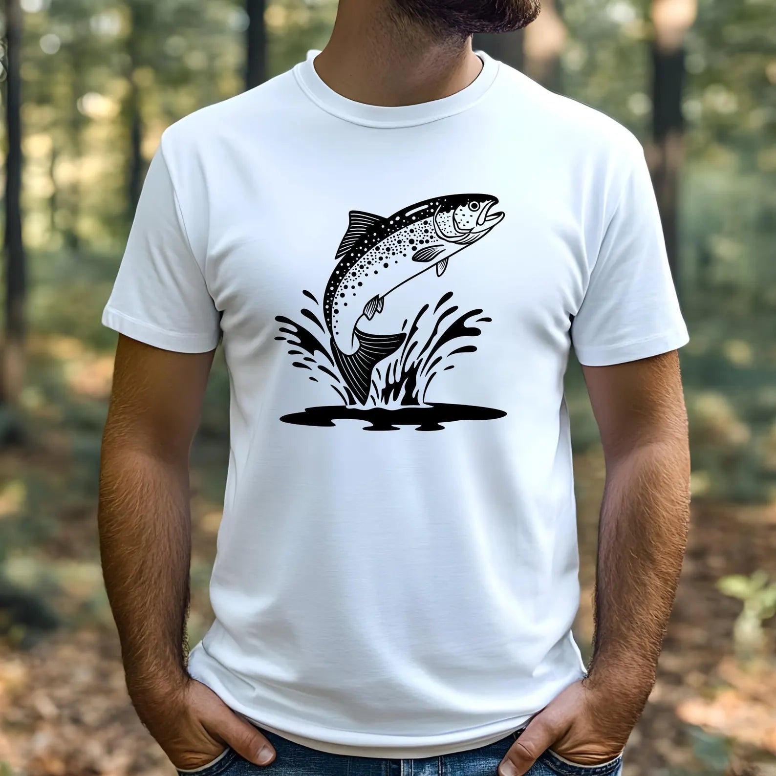 Trout Fish Leaping from the water SVG digital design on a man's t-shirt