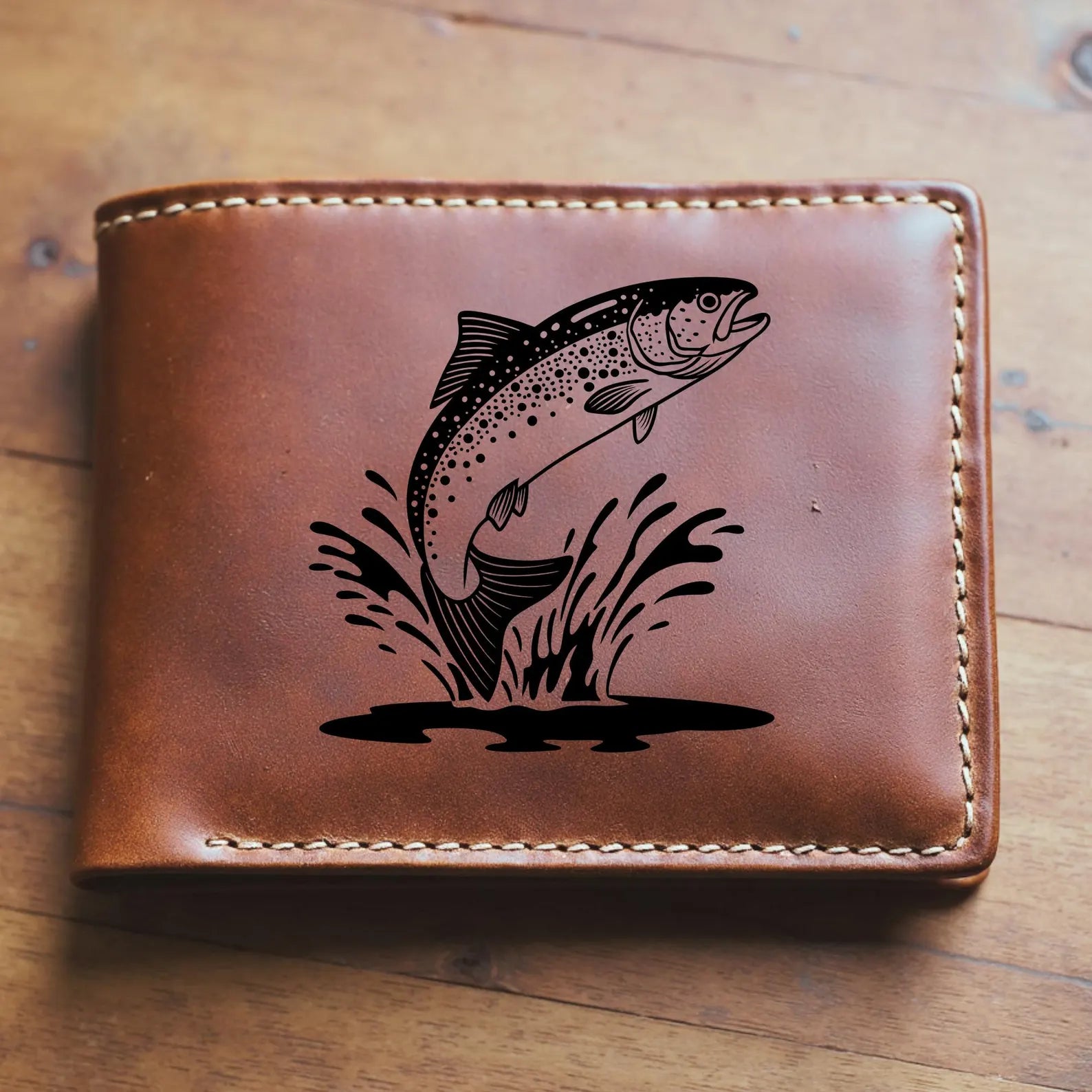 Trout Fish Leaping from the water SVG digital design on a leather wallet