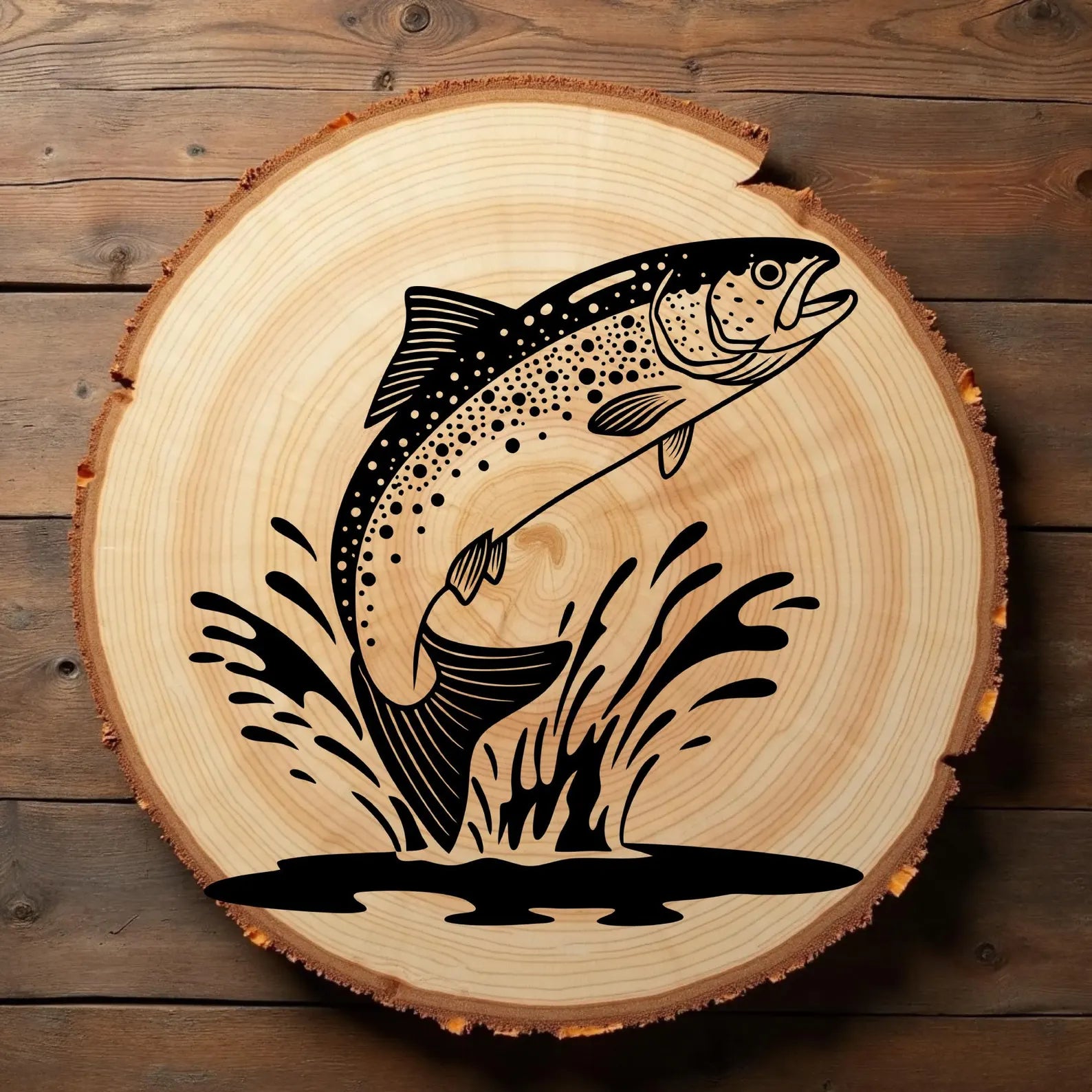 Trout Fish Leaping from the water SVG digital design on a piece of wood