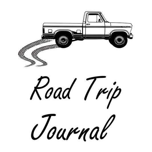 Illustration of a pickup truck with a road trail and 'Road Trip Journal' text on a white background