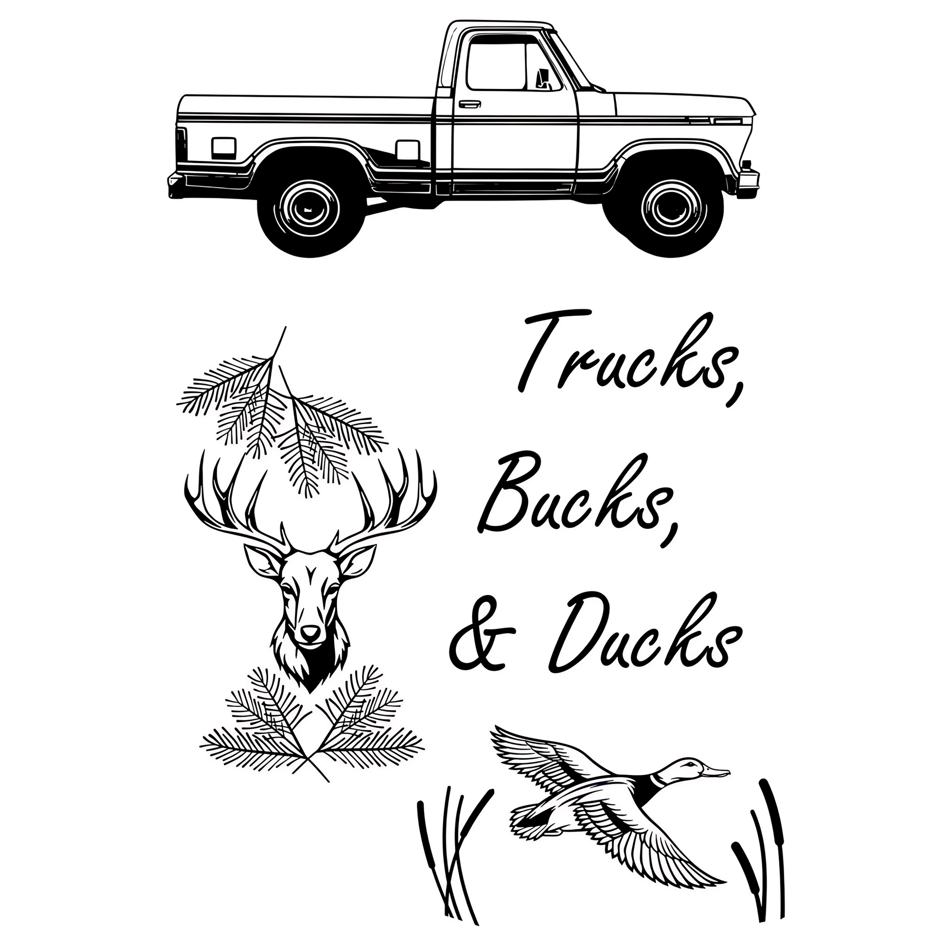 Illustration of a truck, deer, and duck with text 'Trucks, Bucks, & Ducks' on a white background.
