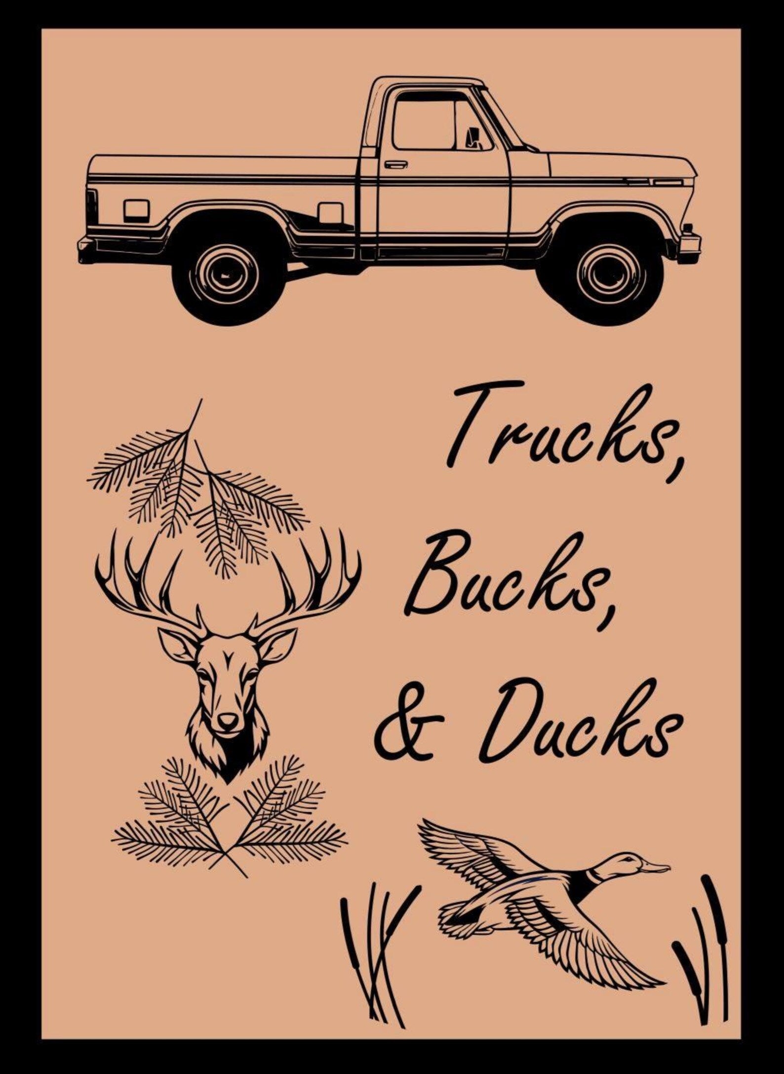 Illustration of a truck, deer, and duck on a beige background with text 'Trucks, Bucks, & Ducks'.