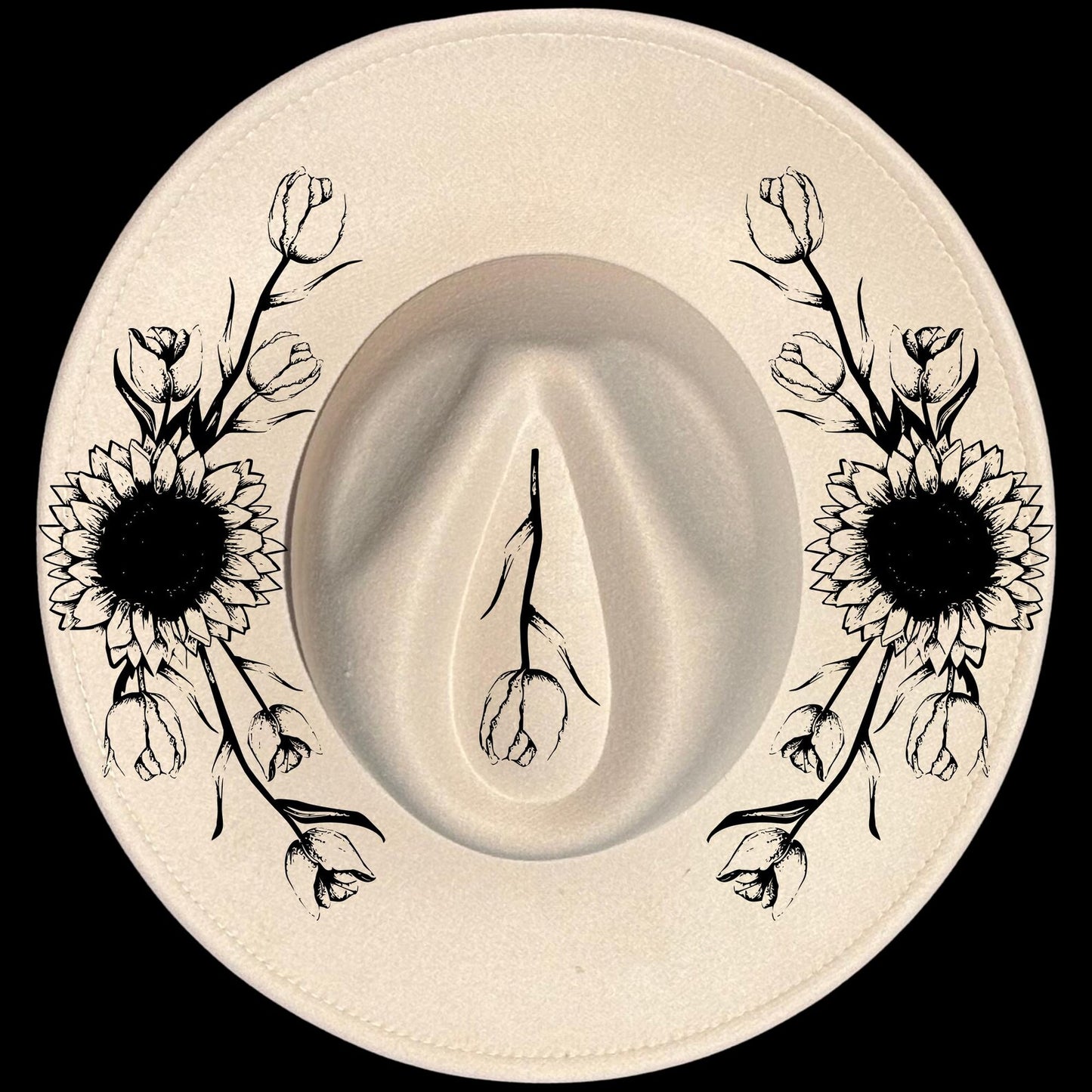 Tulips And Sunflowers burned hat burning design on a wide brim hat