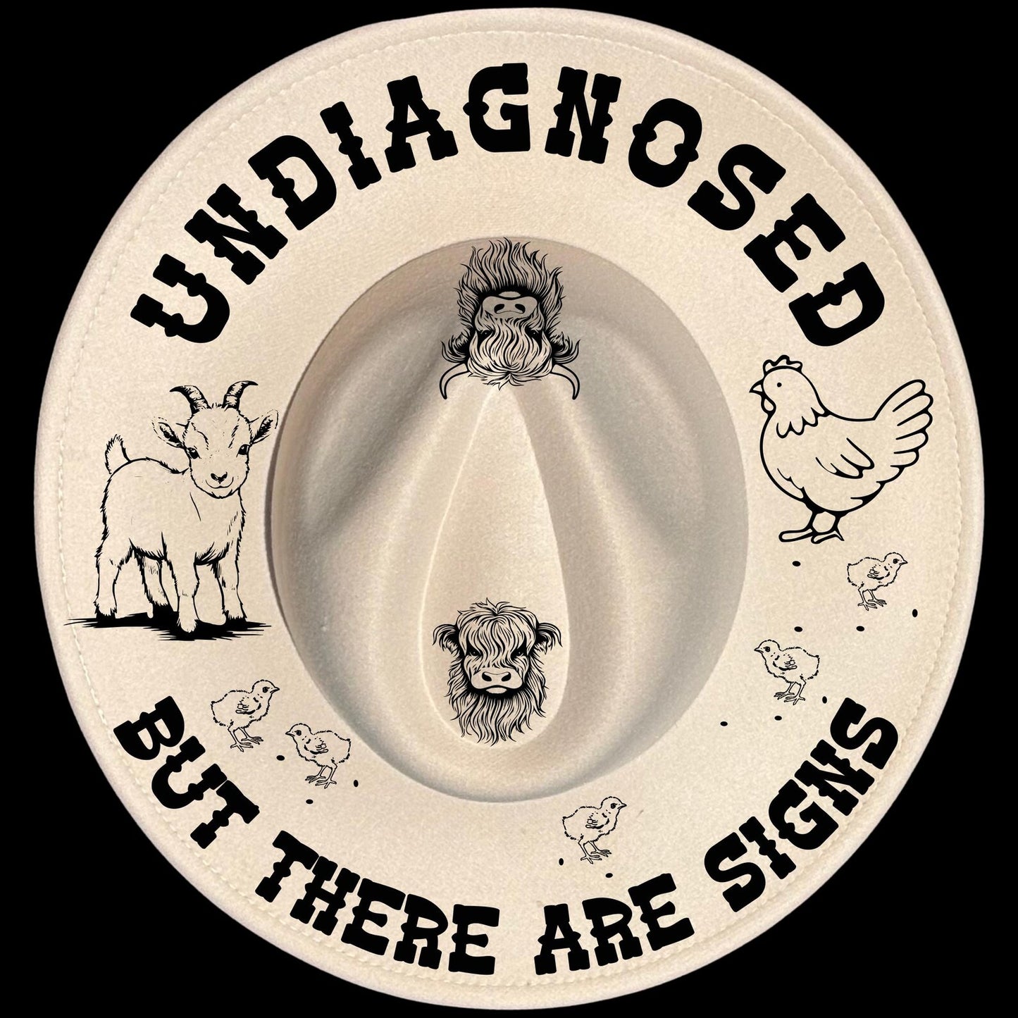 Undiagnosed Animals But There Are Signs burned hat burning design on a wide brim hat.