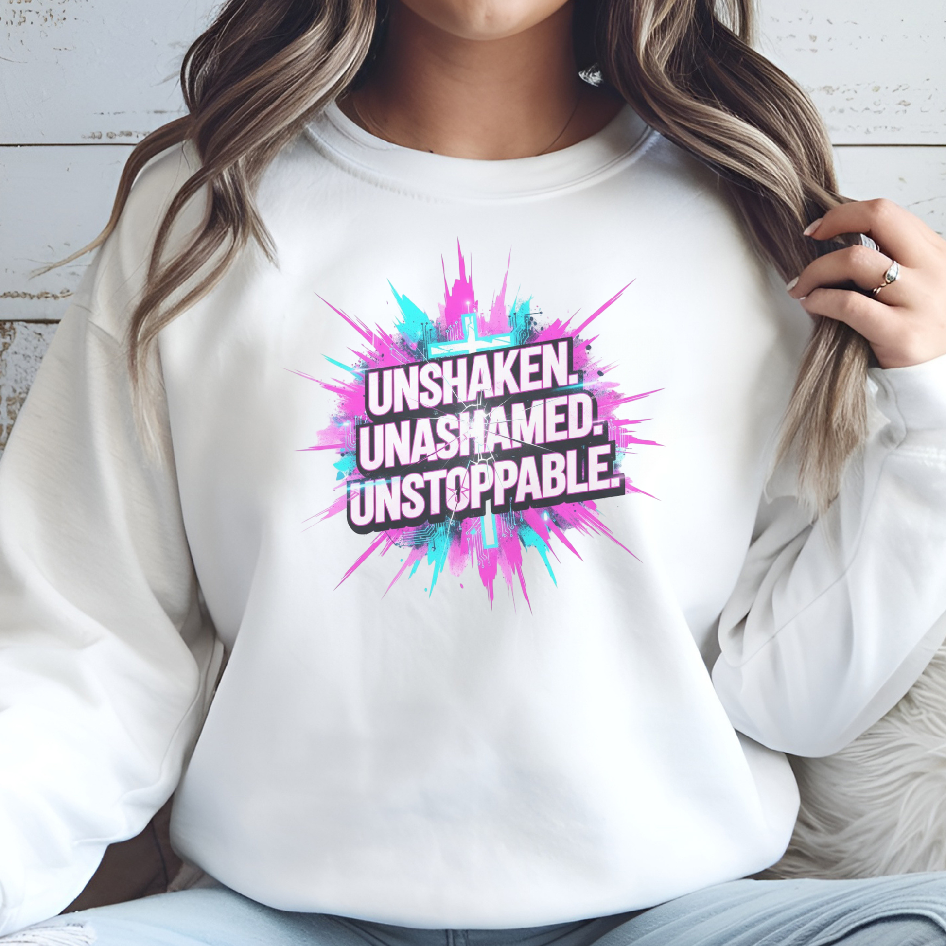 Bold Christian typography design reading “Unshakable Unashamed Unstoppable” — inspirational digital download on a woman's sweatshirt.