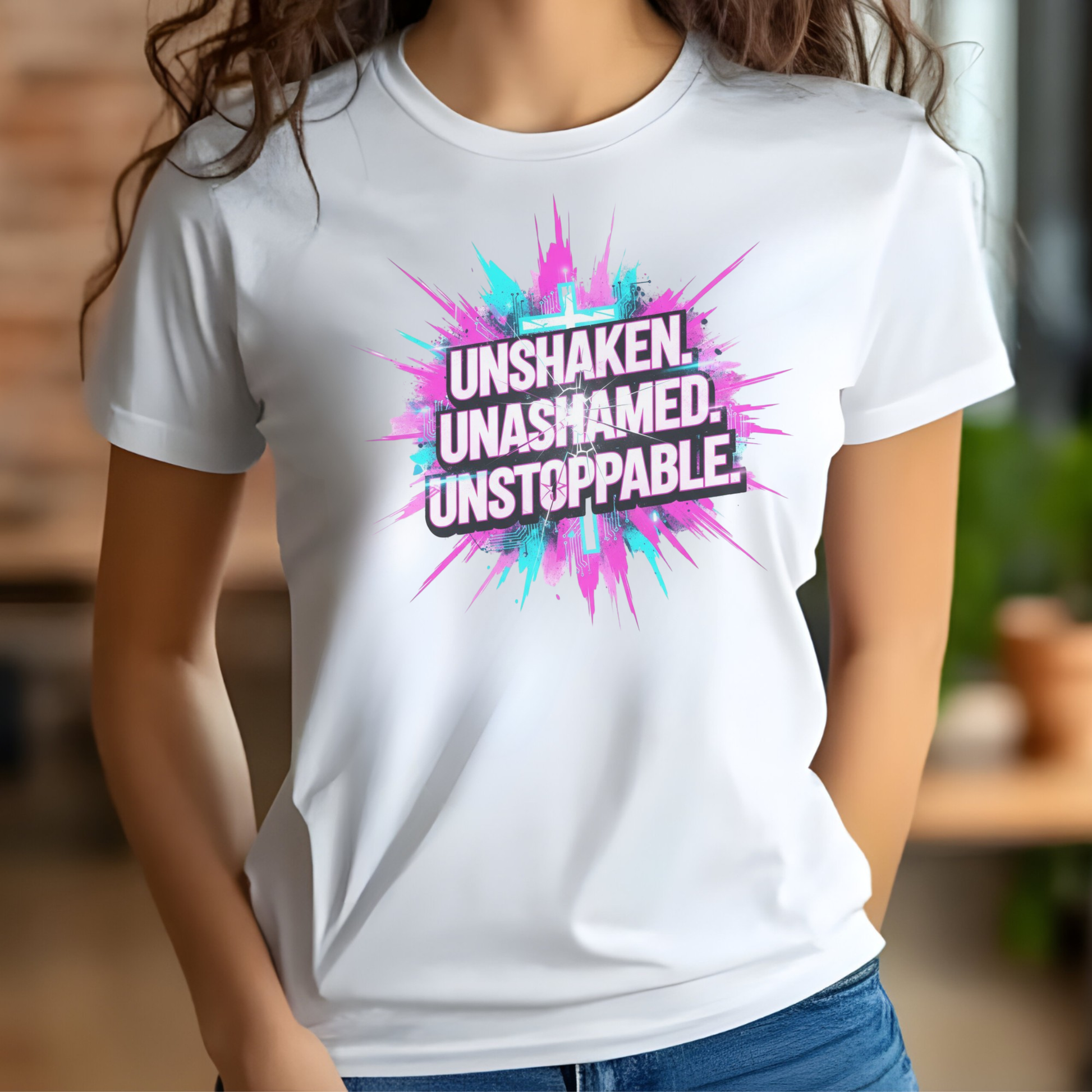 Cool Moon Designs Christian PNG — Unshakable Unashamed Unstoppable on a woman's t-shirt. Designed for sublimation, print-on-demand, and church merch.