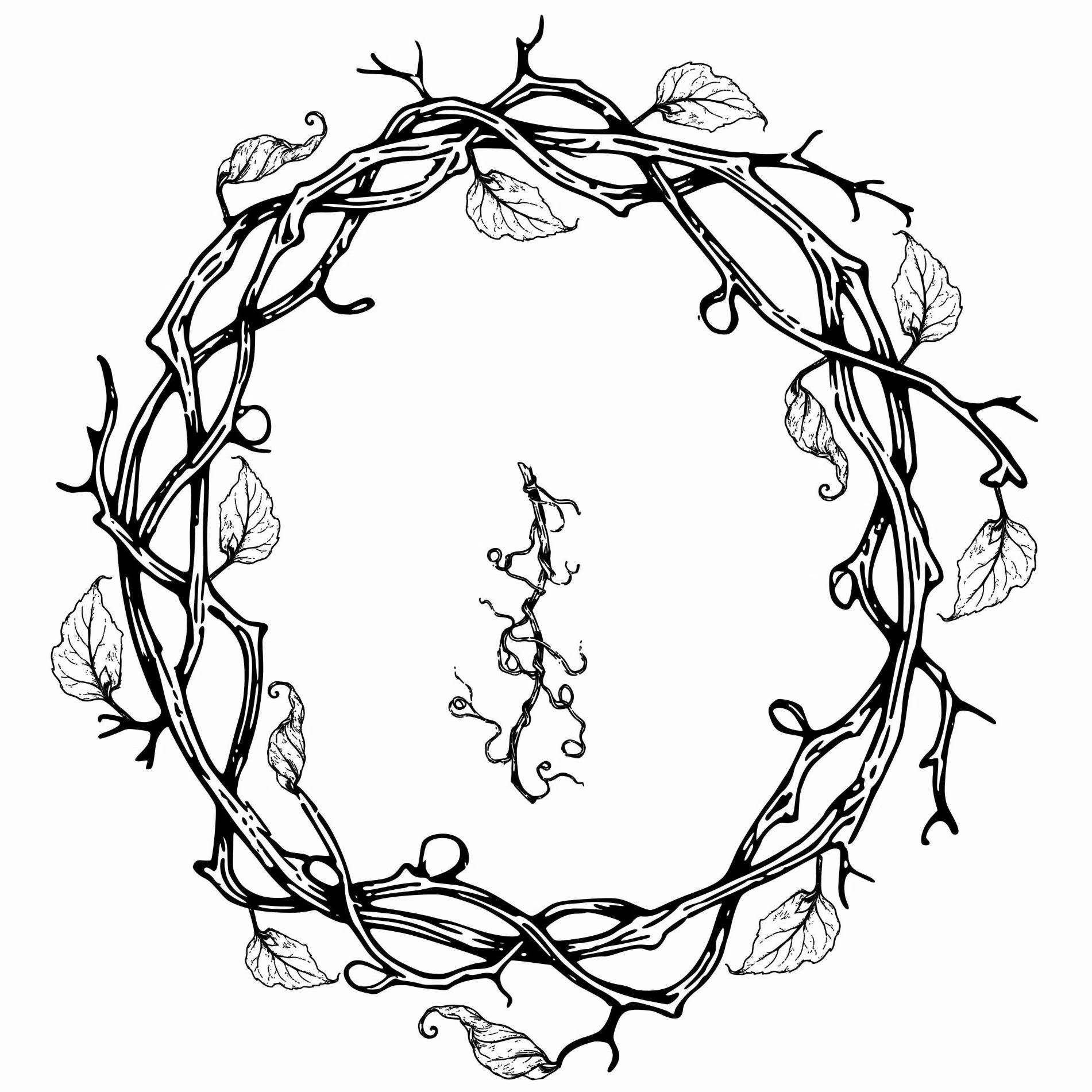 Black and white design of a vine wreath on a white background