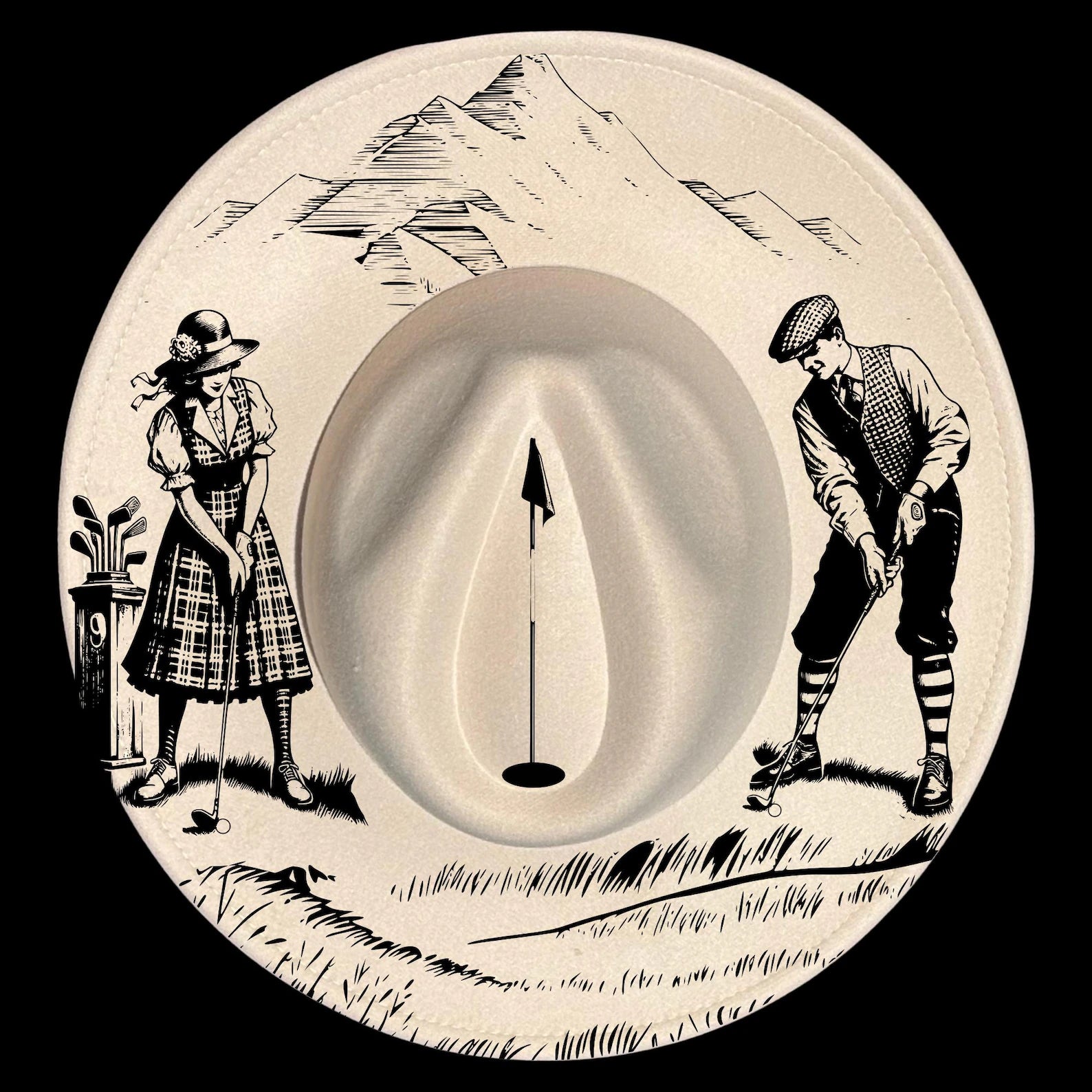 Wide brim hat with black and white illustrations of a golfer and a woman in a plaid dress on a mountainous background.