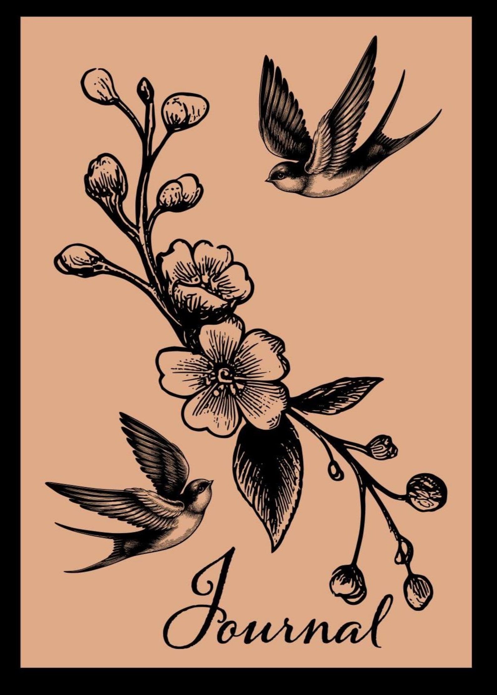 Journal cover with black floral and swallows illustrations on a beige background