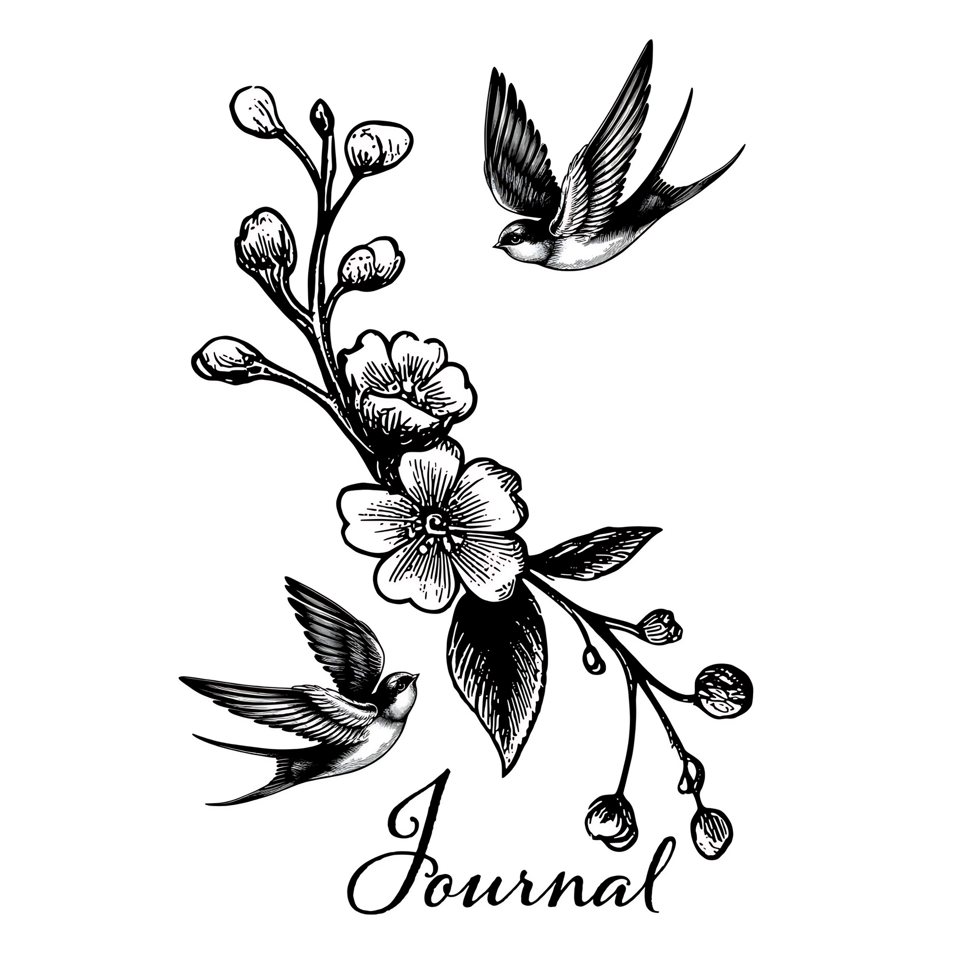 A vintage style illustration of swallows with the word "Journal" beneath them.