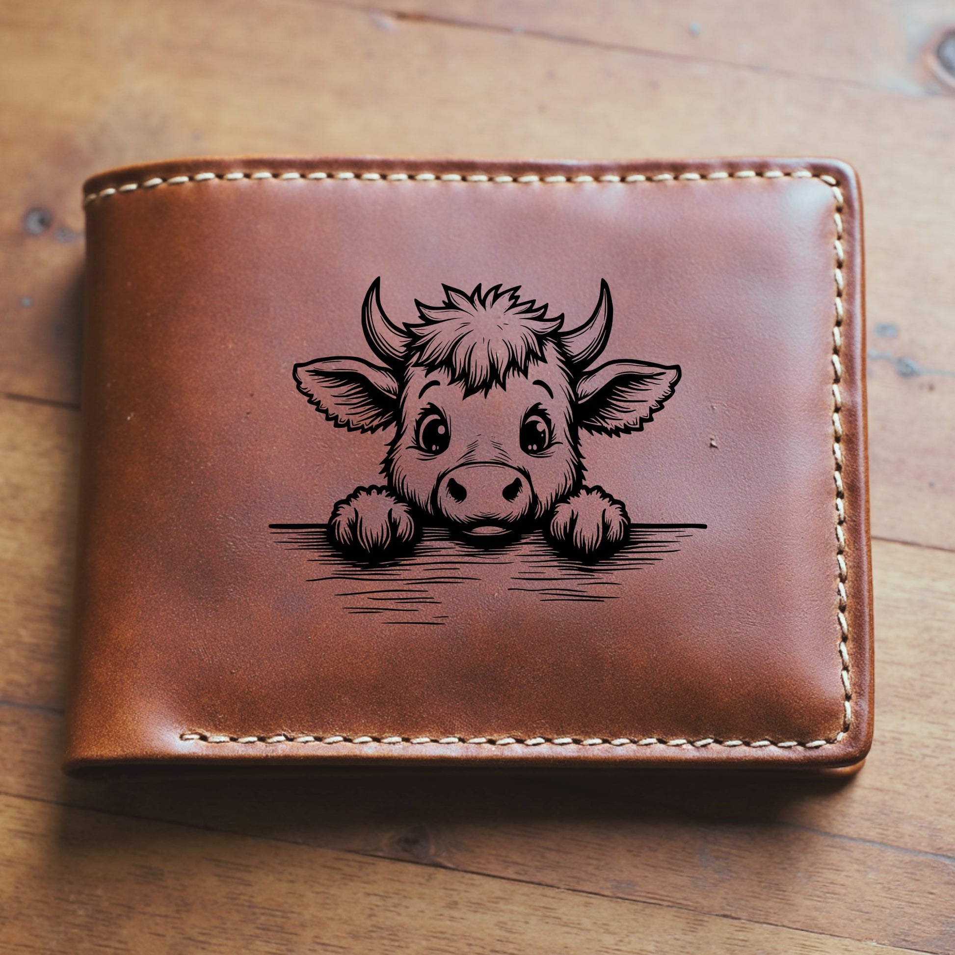 Brown leather wallet with a highland cow illustration sitting on a wooden surface