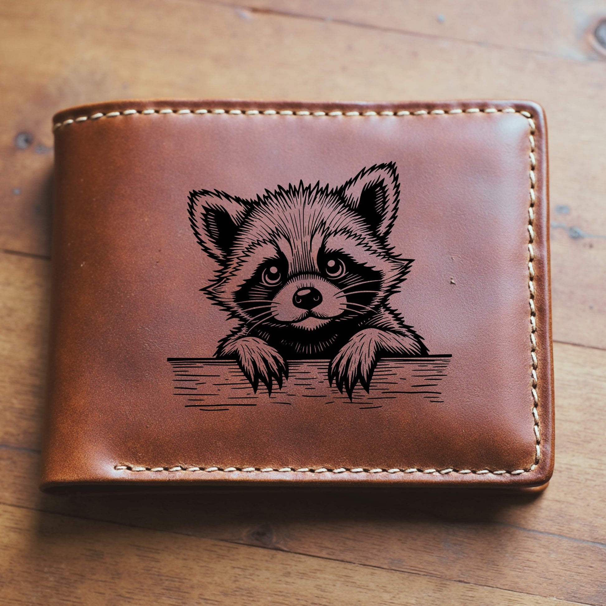 Brown leather wallet with a engraved raccoon design sitting on a wooden surface